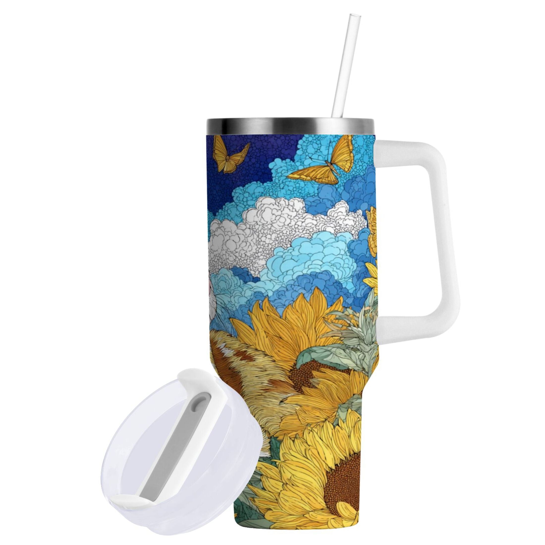 40 oz Insulated Stainless Steel Tumbler Double Wall Stainless Steel Tumbler with 2-Way Drinking Cat Lies in The Sunflowers - NLZK