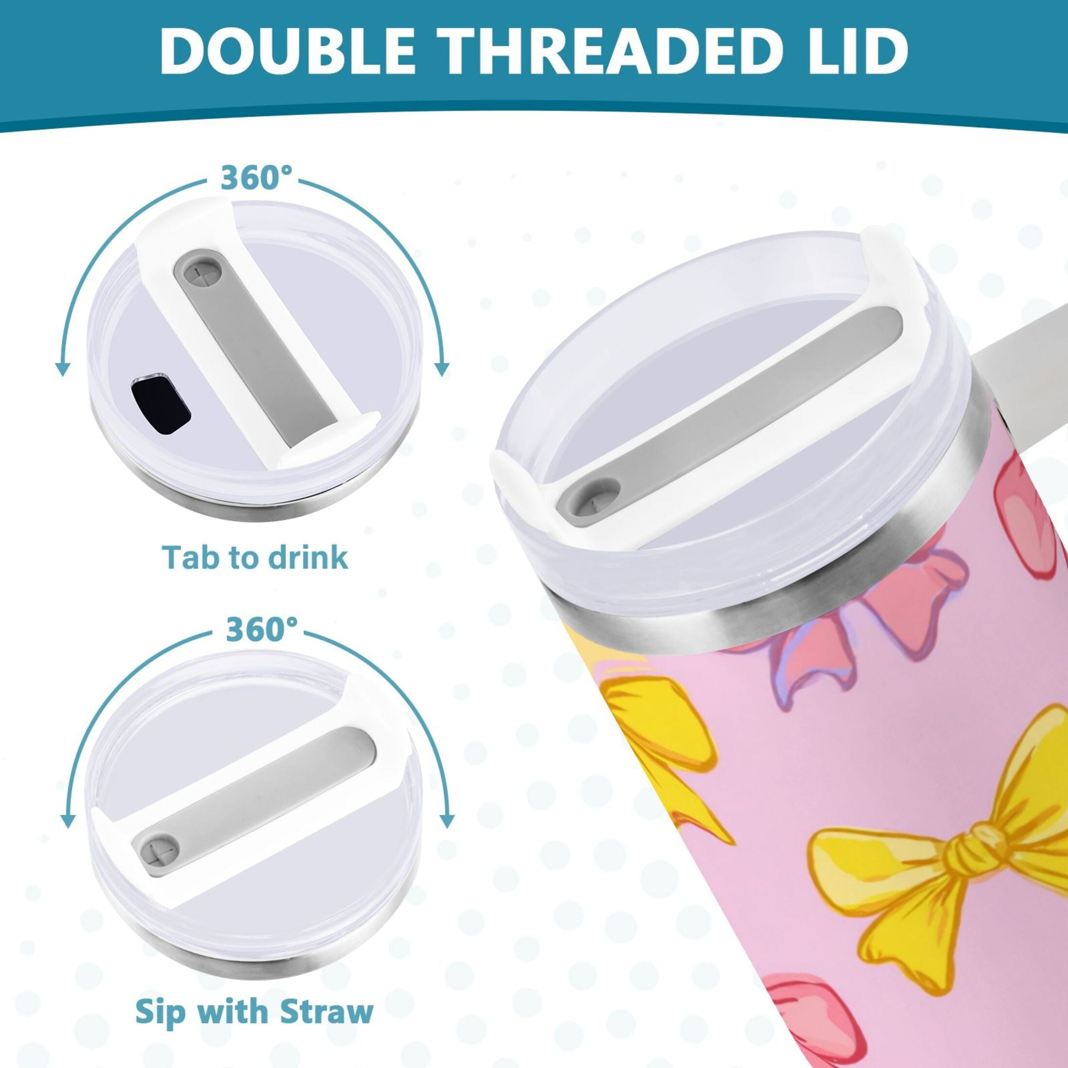 30 oz Insulated Stainless Steel Tumbler Double Wall Stainless Steel Tumbler with 2-Way Drinking Yellow and Pink Bows - 59JK