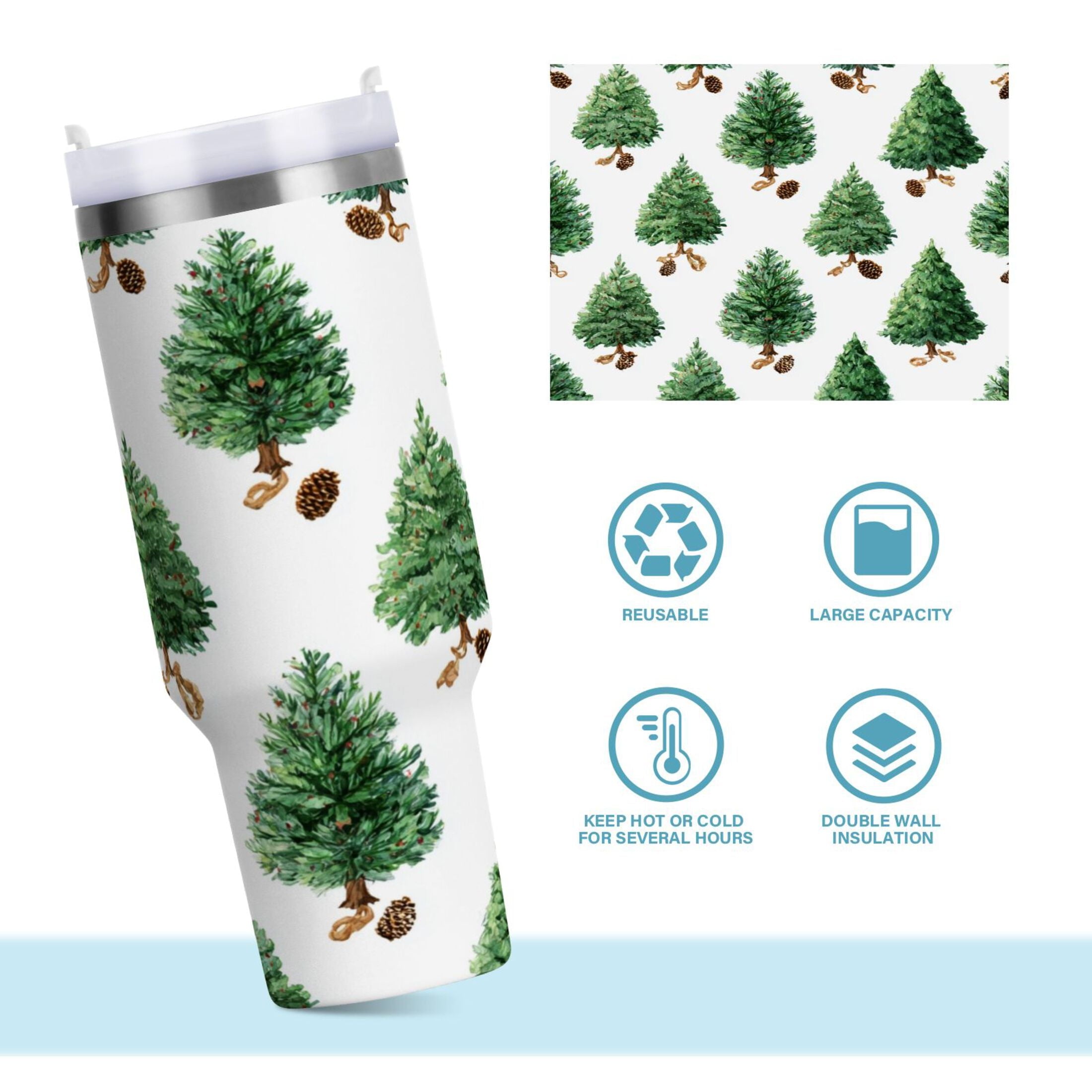 30 oz Insulated Stainless Steel Tumbler Double Wall Stainless Steel Tumbler with 2-Way Drinking Watercolor Green Christmas Tree - C538