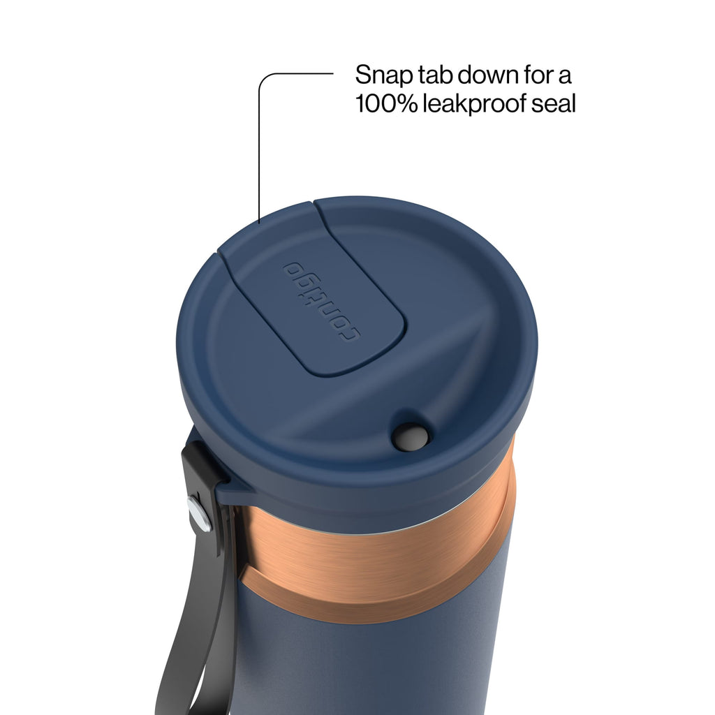 Contigo SnapSeal Leakproof Stainless Steel Reusable Water Bottle with Carrying Strap, Dark Blue/Bronze, 24 oz - HCHU