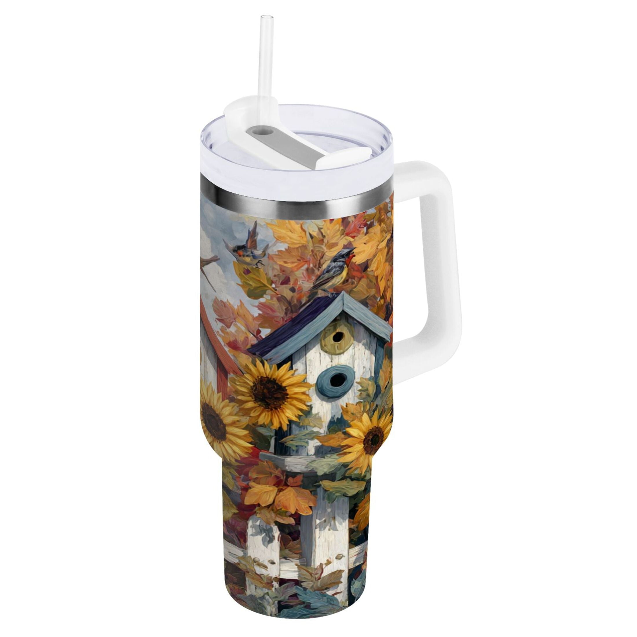 30 oz Insulated Stainless Steel Tumbler Double Wall Stainless Steel Tumbler with 2-Way Drinking Birdhouses with Sunflowers - JHUK
