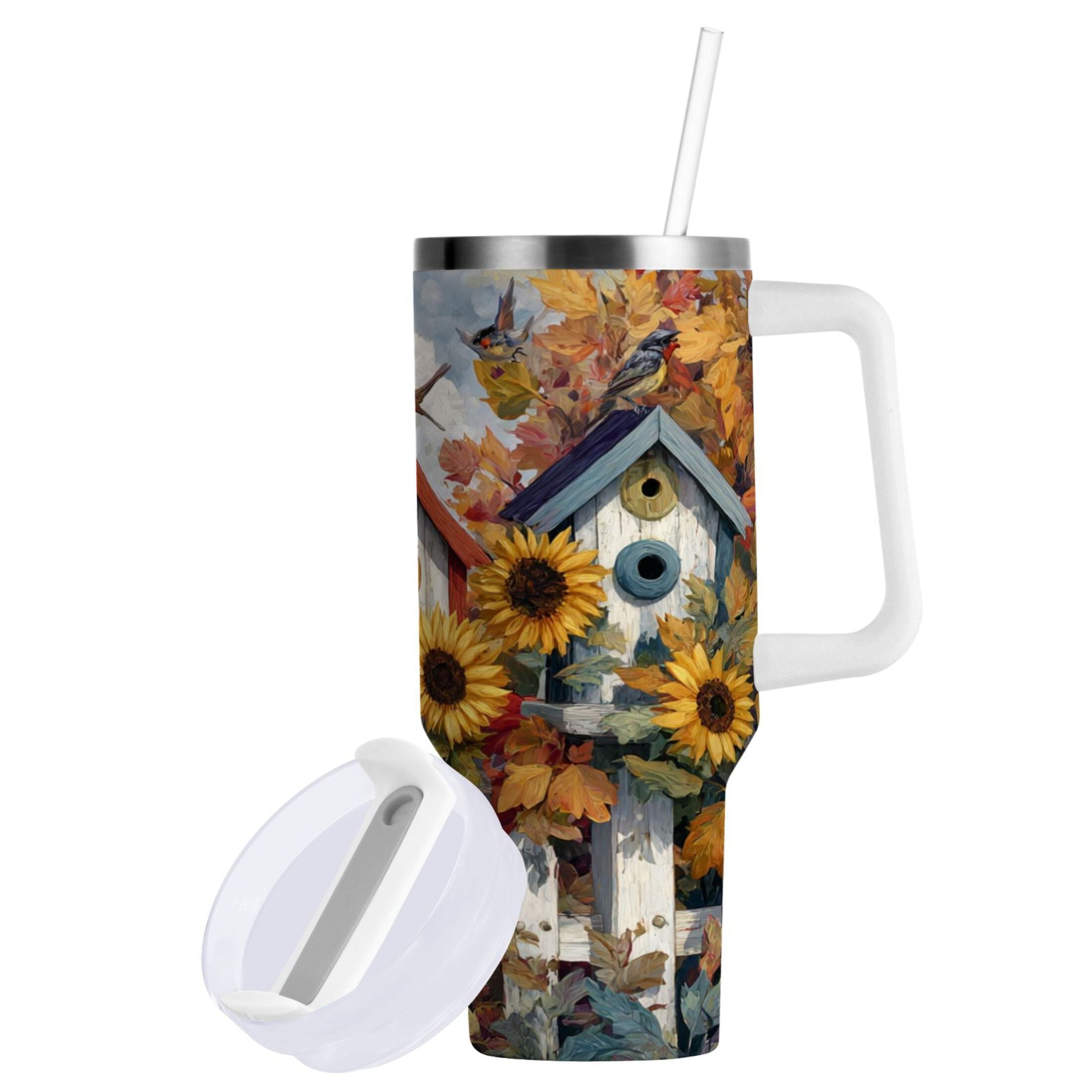 30 oz Insulated Stainless Steel Tumbler Double Wall Stainless Steel Tumbler with 2-Way Drinking Birdhouses with Sunflowers - JHUK