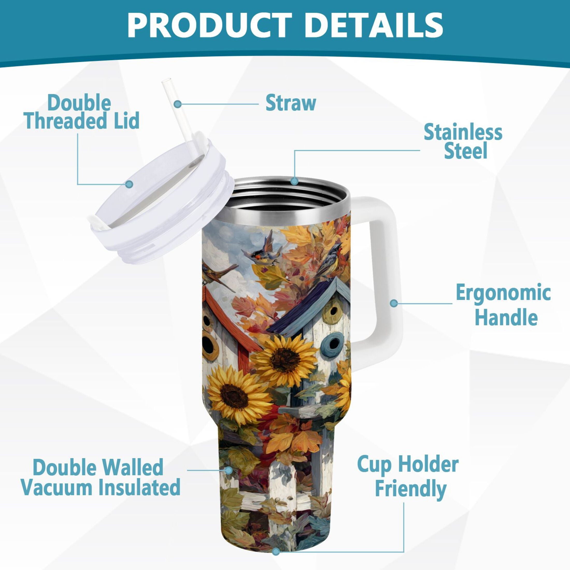 30 oz Insulated Stainless Steel Tumbler Double Wall Stainless Steel Tumbler with 2-Way Drinking Birdhouses with Sunflowers - JHUK