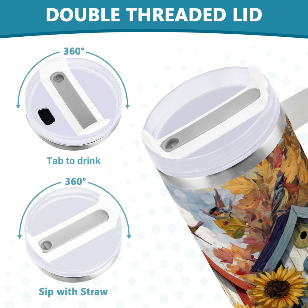 30 oz Insulated Stainless Steel Tumbler Double Wall Stainless Steel Tumbler with 2-Way Drinking Birdhouses with Sunflowers - JHUK