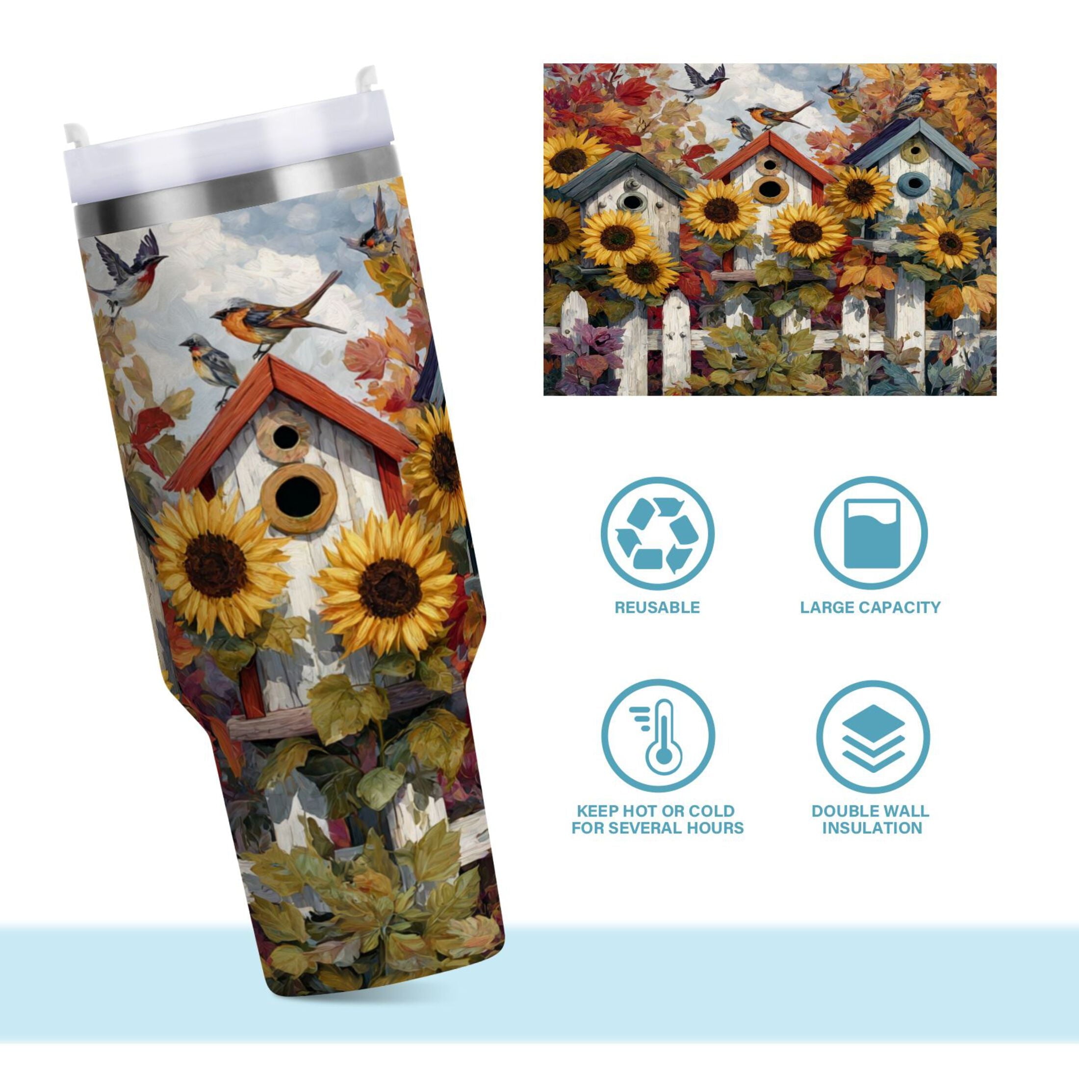 30 oz Insulated Stainless Steel Tumbler Double Wall Stainless Steel Tumbler with 2-Way Drinking Birdhouses with Sunflowers - JHUK