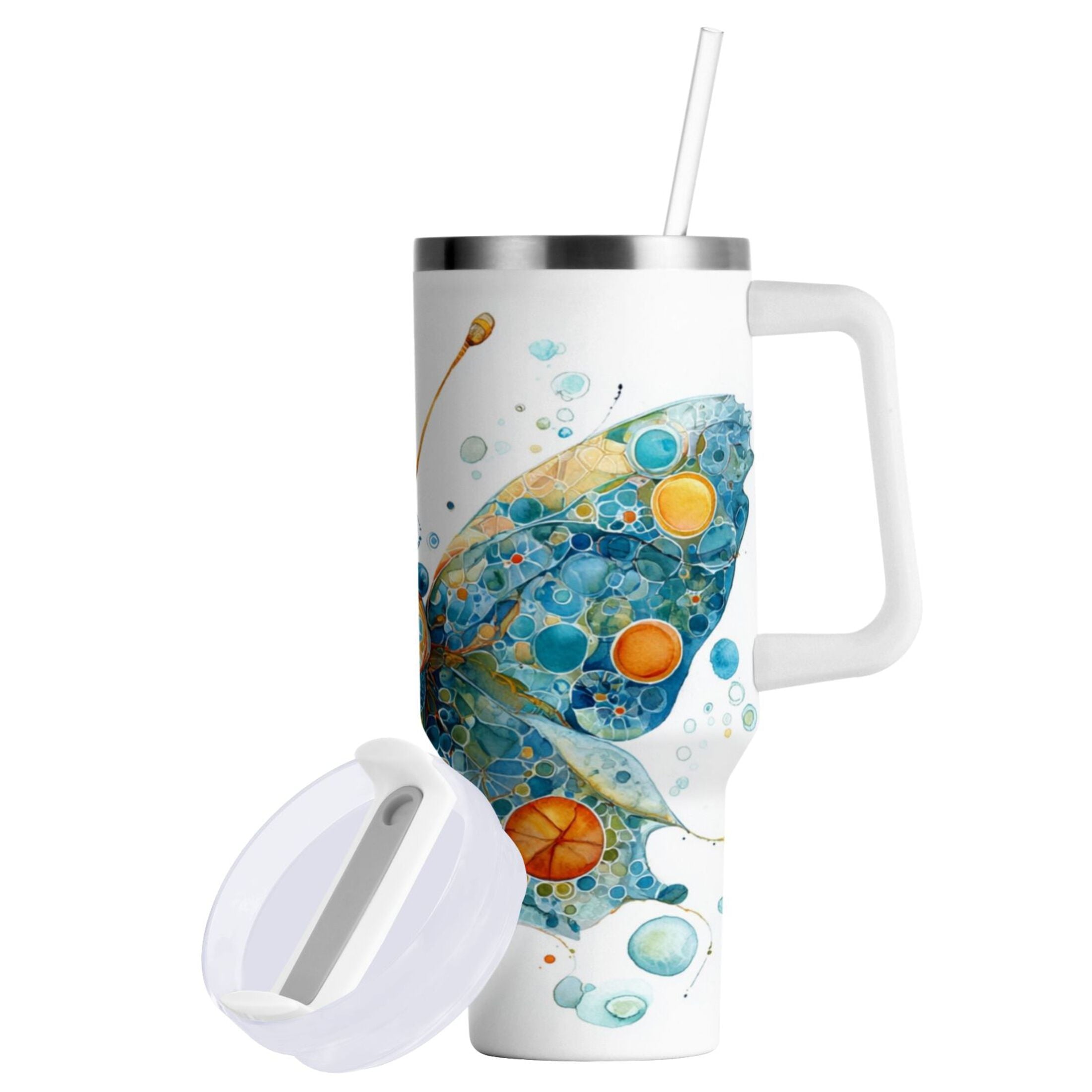 40 oz Insulated Stainless Steel Tumbler Double Wall Stainless Steel Tumbler with 2-Way Drinking Intricately Butterfly - 5PF6