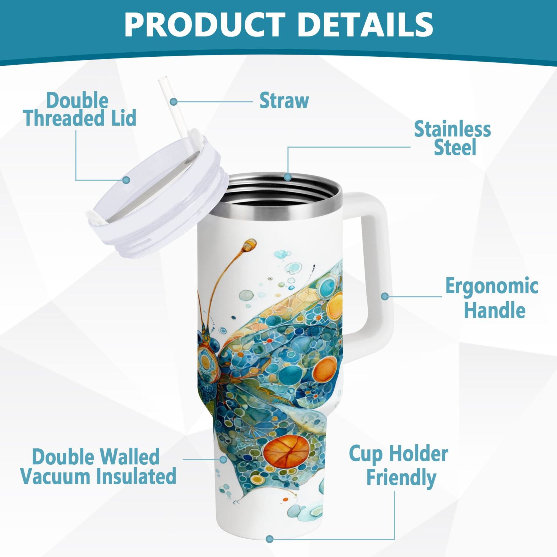 40 oz Insulated Stainless Steel Tumbler Double Wall Stainless Steel Tumbler with 2-Way Drinking Intricately Butterfly - 5PF6