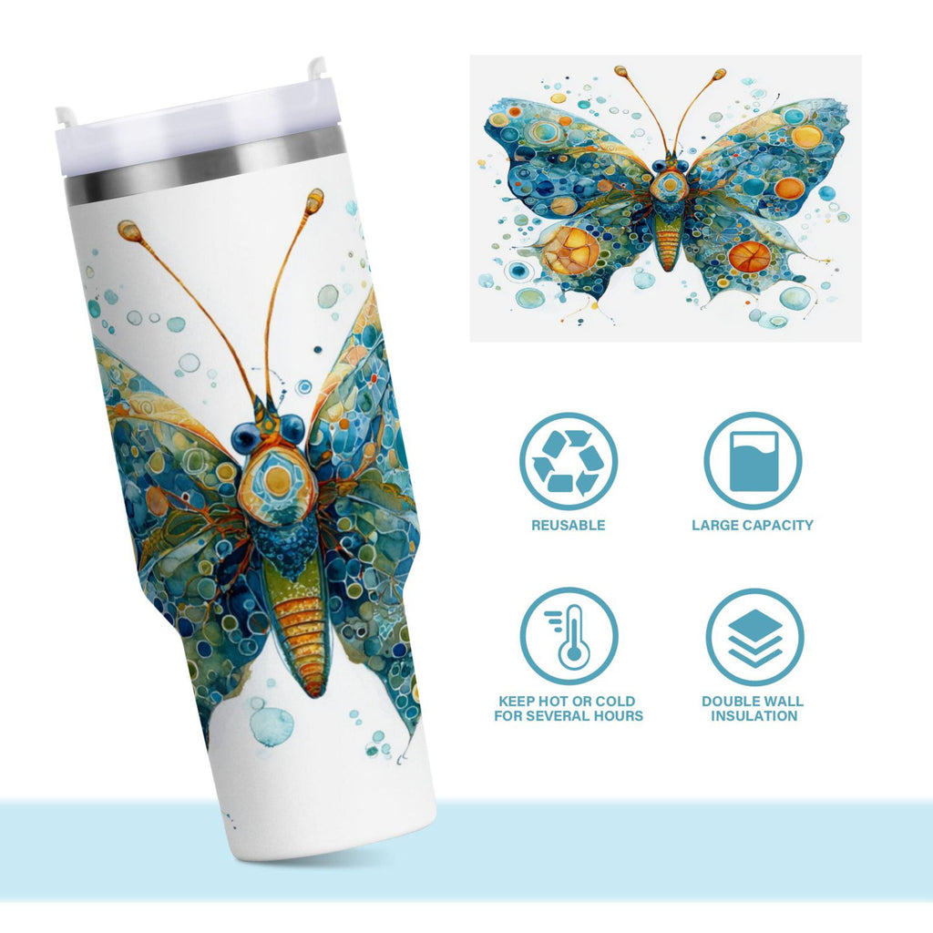 40 oz Insulated Stainless Steel Tumbler Double Wall Stainless Steel Tumbler with 2-Way Drinking Intricately Butterfly - 5PF6