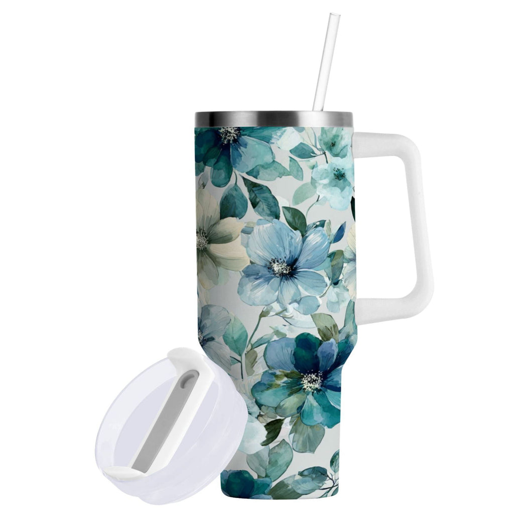 30 oz Insulated Stainless Steel Tumbler Double Wall Stainless Steel Tumbler with 2-Way Drinking Blue and Green Flowers - PFF7