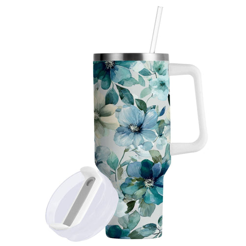 30 oz Insulated Stainless Steel Tumbler Double Wall Stainless Steel Tumbler with 2-Way Drinking Blue and Green Flowers - PFF7