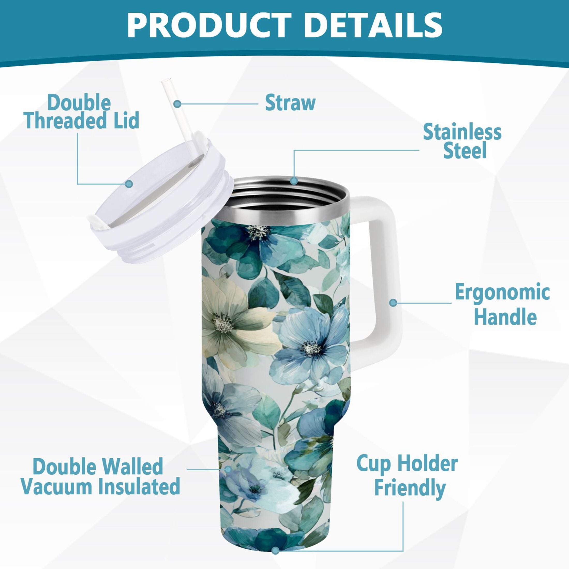 30 oz Insulated Stainless Steel Tumbler Double Wall Stainless Steel Tumbler with 2-Way Drinking Blue and Green Flowers - PFF7