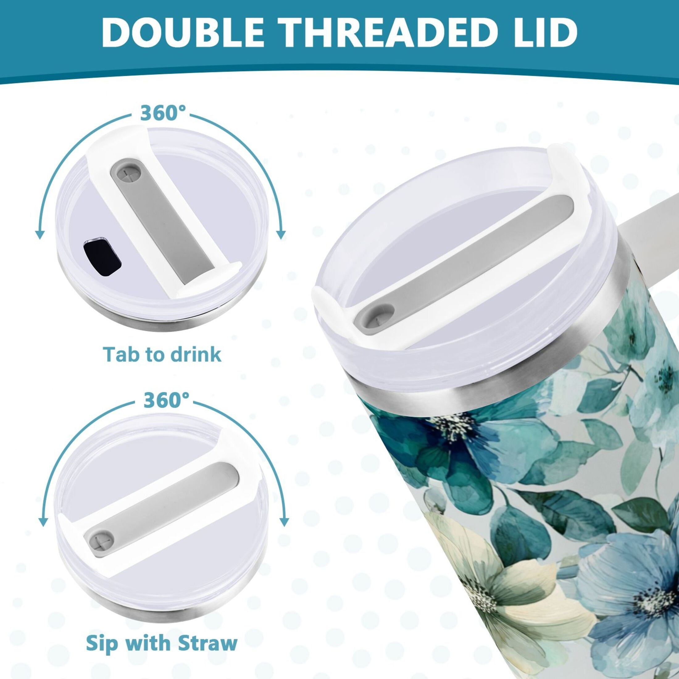 30 oz Insulated Stainless Steel Tumbler Double Wall Stainless Steel Tumbler with 2-Way Drinking Blue and Green Flowers - PFF7