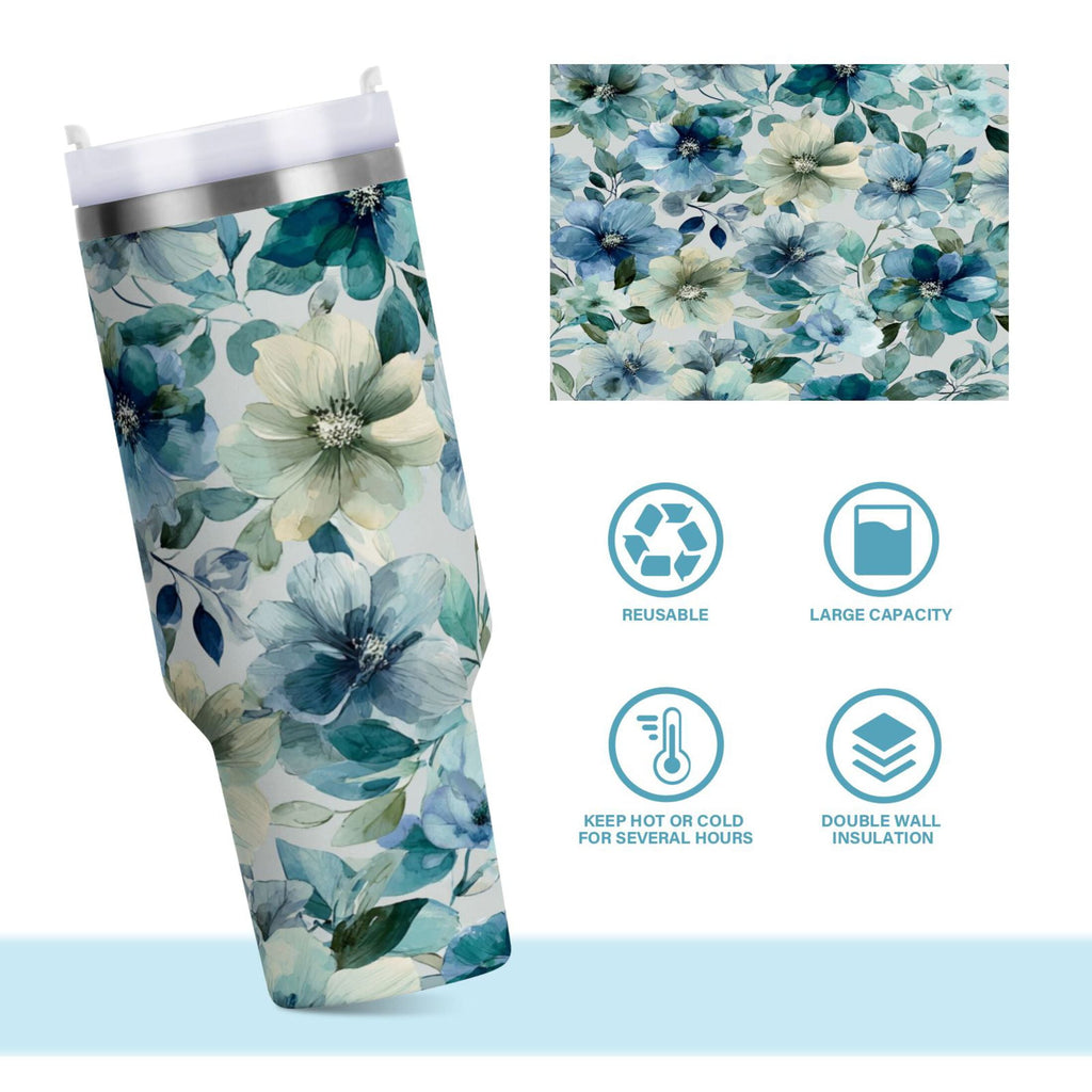 30 oz Insulated Stainless Steel Tumbler Double Wall Stainless Steel Tumbler with 2-Way Drinking Blue and Green Flowers - PFF7