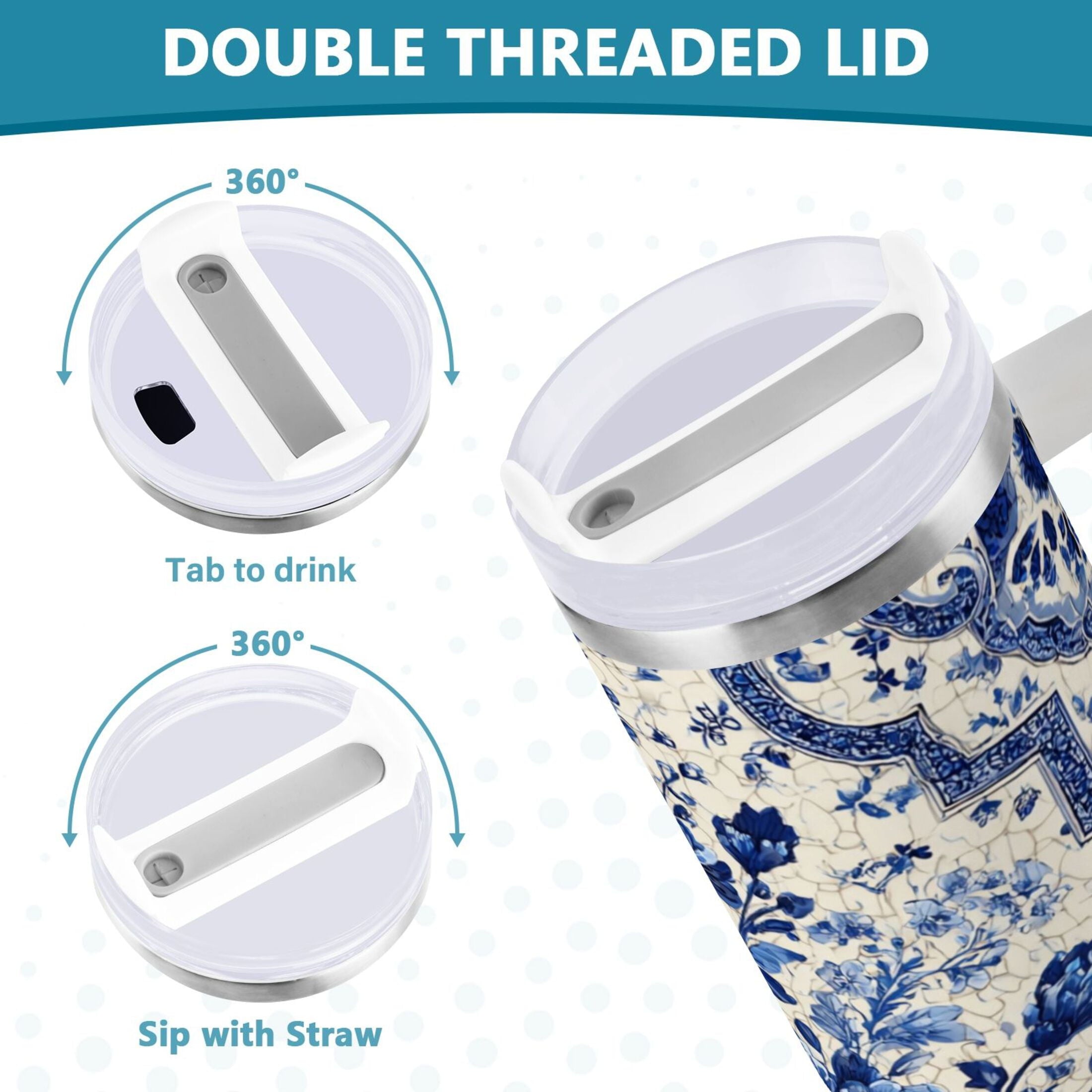 30 oz Insulated Stainless Steel Tumbler Double Wall Stainless Steel Tumbler with 2-Way Drinking Blue and White Porcelain-style - L2FM