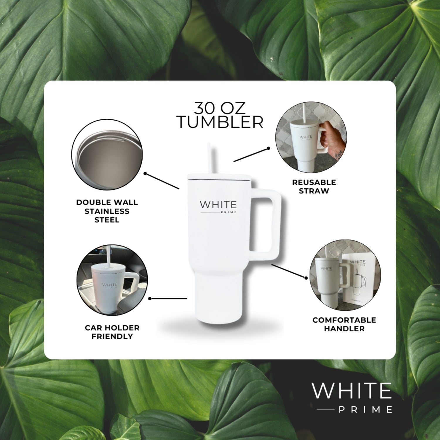 Tumbler 30 oz – Stainless Steel Cup with Handle and Lid | White Prime - QAH5