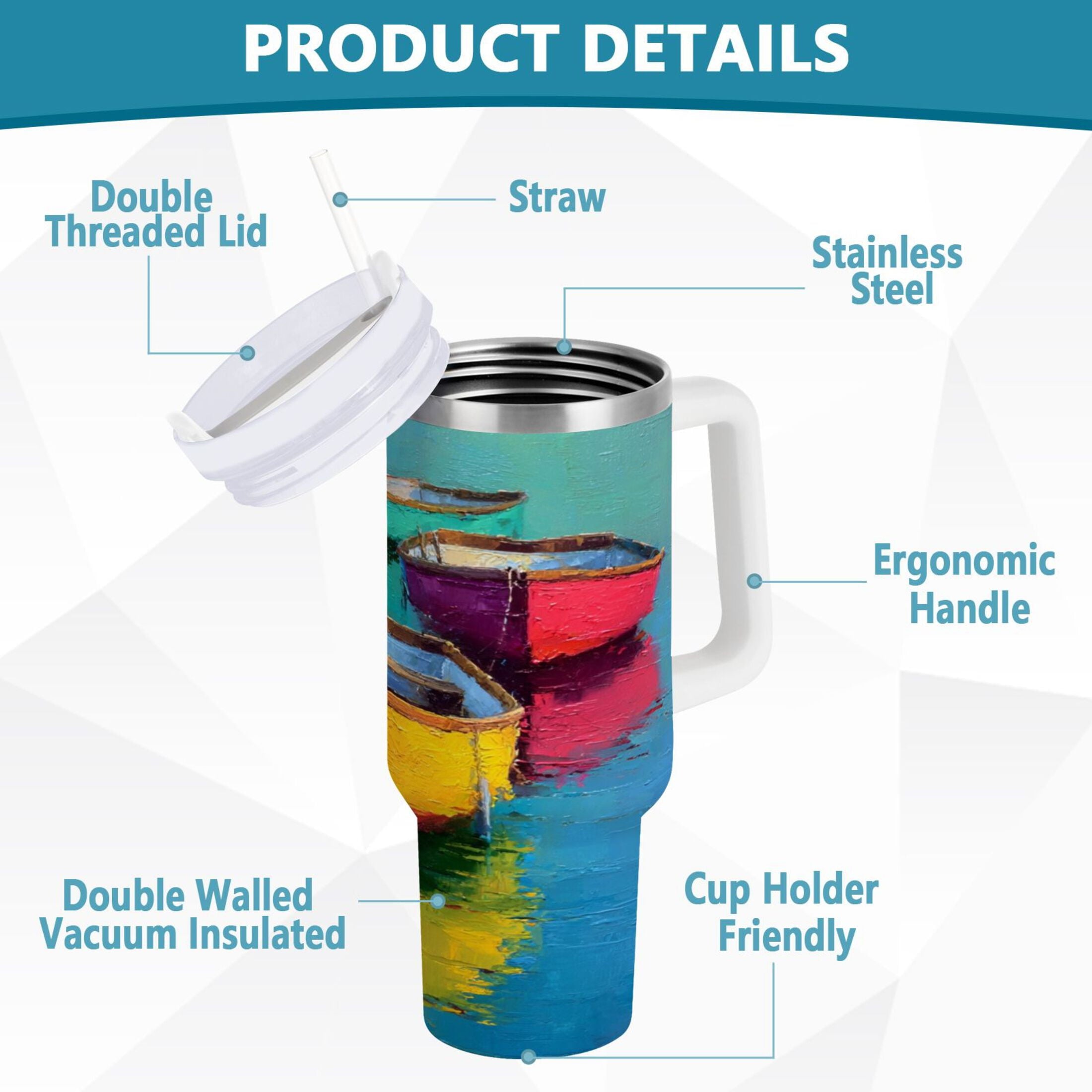 30 oz Insulated Stainless Steel Tumbler Double Wall Stainless Steel Tumbler with 2-Way Drinking Colorful Row Boats - C2FH