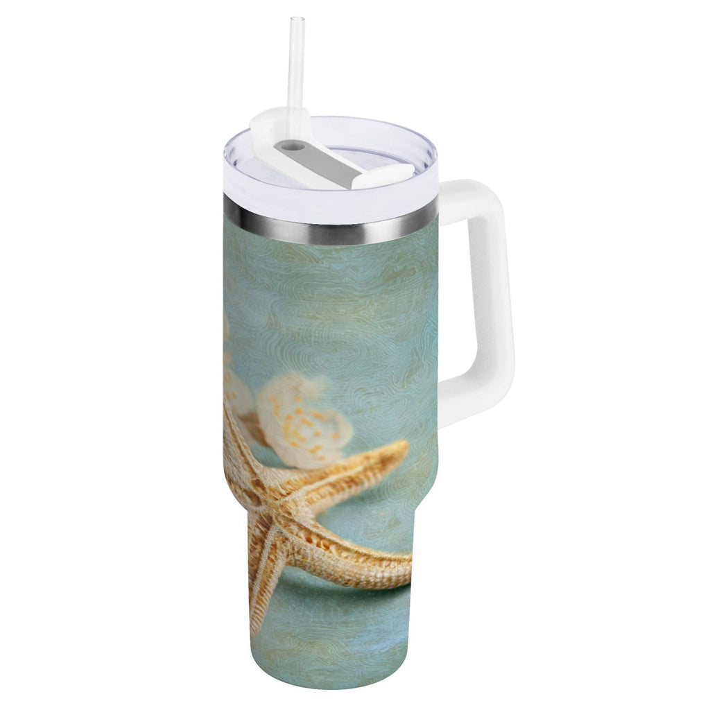 30 oz Insulated Stainless Steel Tumbler Double Wall Stainless Steel Tumbler with 2-Way Drinking Starfish with Flowers - N2AG