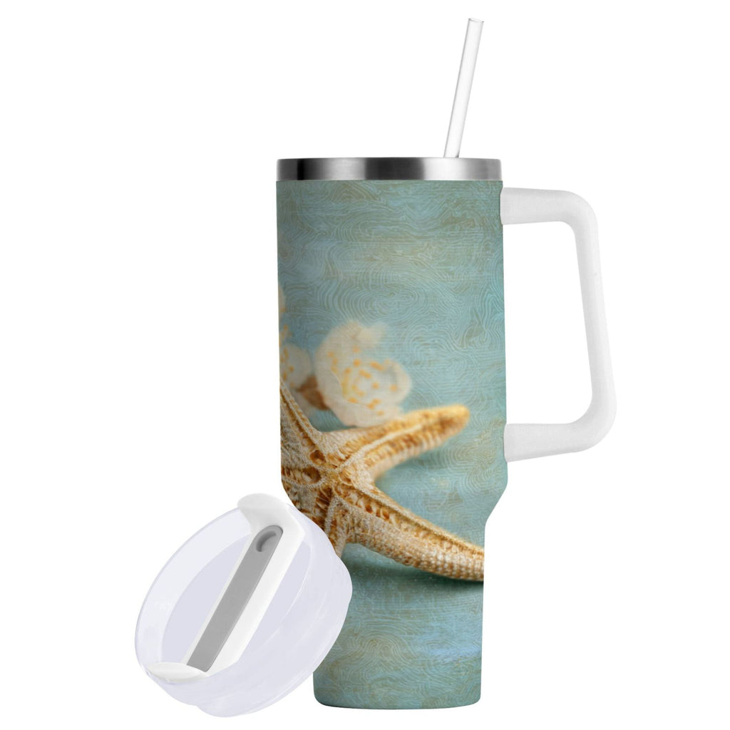 30 oz Insulated Stainless Steel Tumbler Double Wall Stainless Steel Tumbler with 2-Way Drinking Starfish with Flowers - N2AG