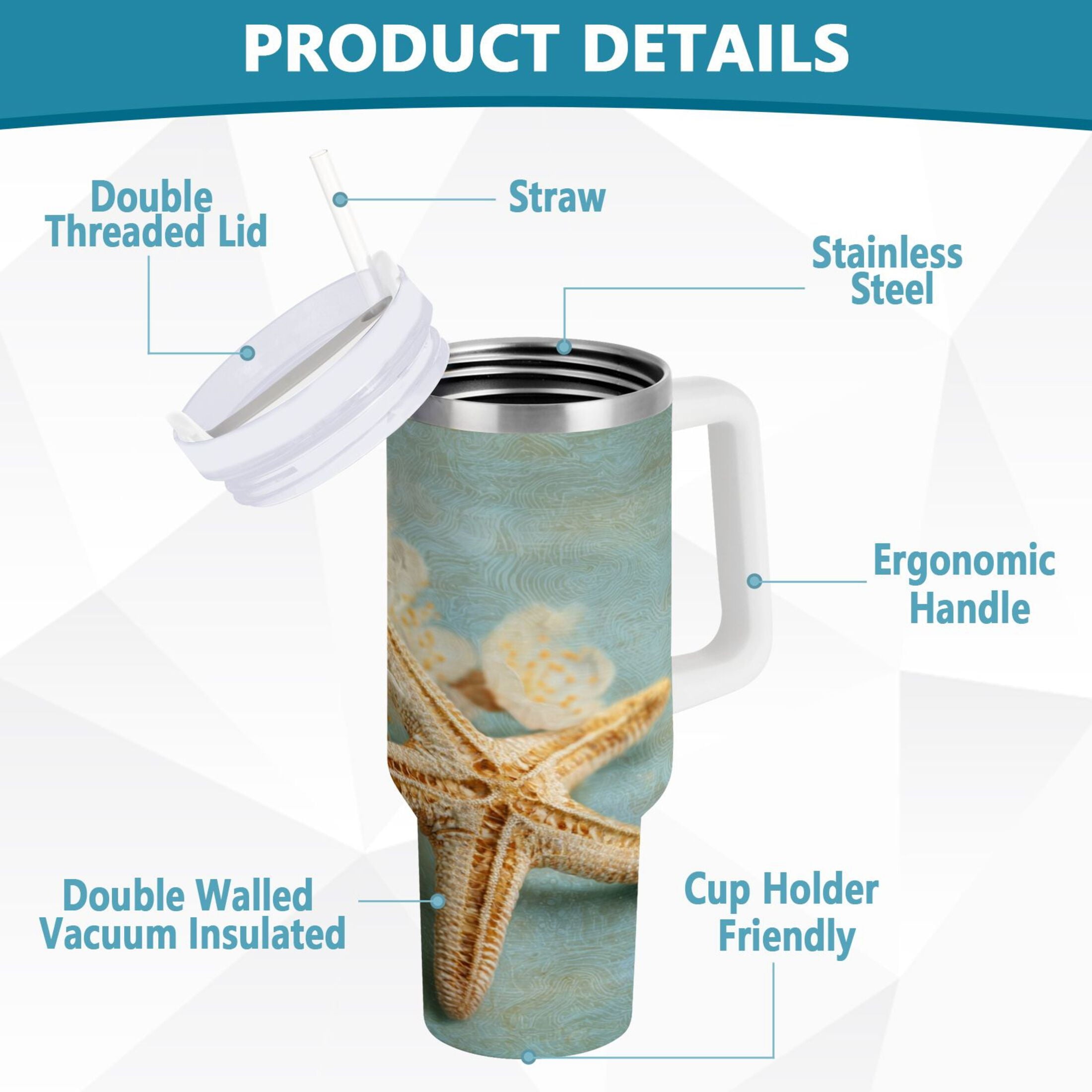 30 oz Insulated Stainless Steel Tumbler Double Wall Stainless Steel Tumbler with 2-Way Drinking Starfish with Flowers - N2AG
