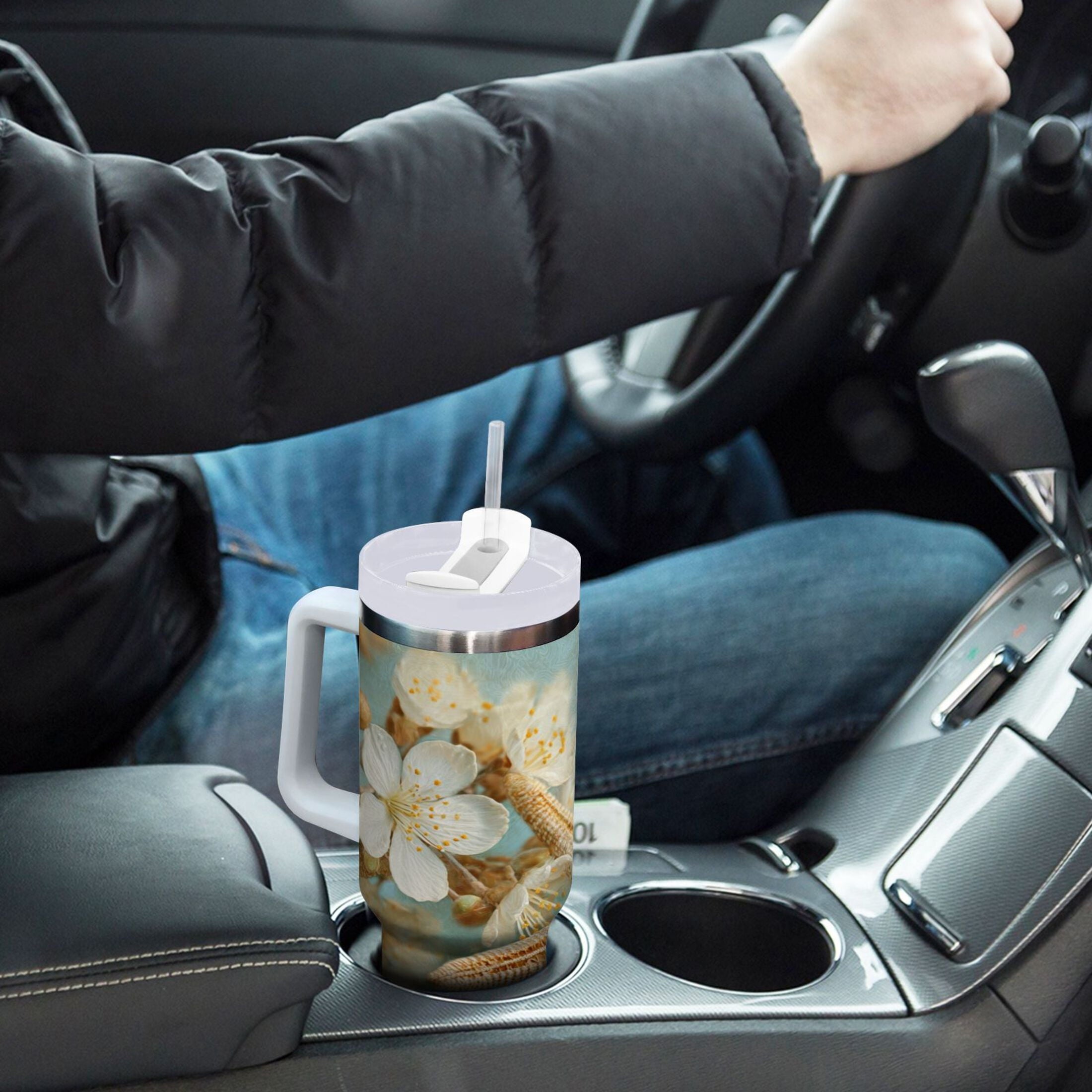 30 oz Insulated Stainless Steel Tumbler Double Wall Stainless Steel Tumbler with 2-Way Drinking Starfish with Flowers - N2AG