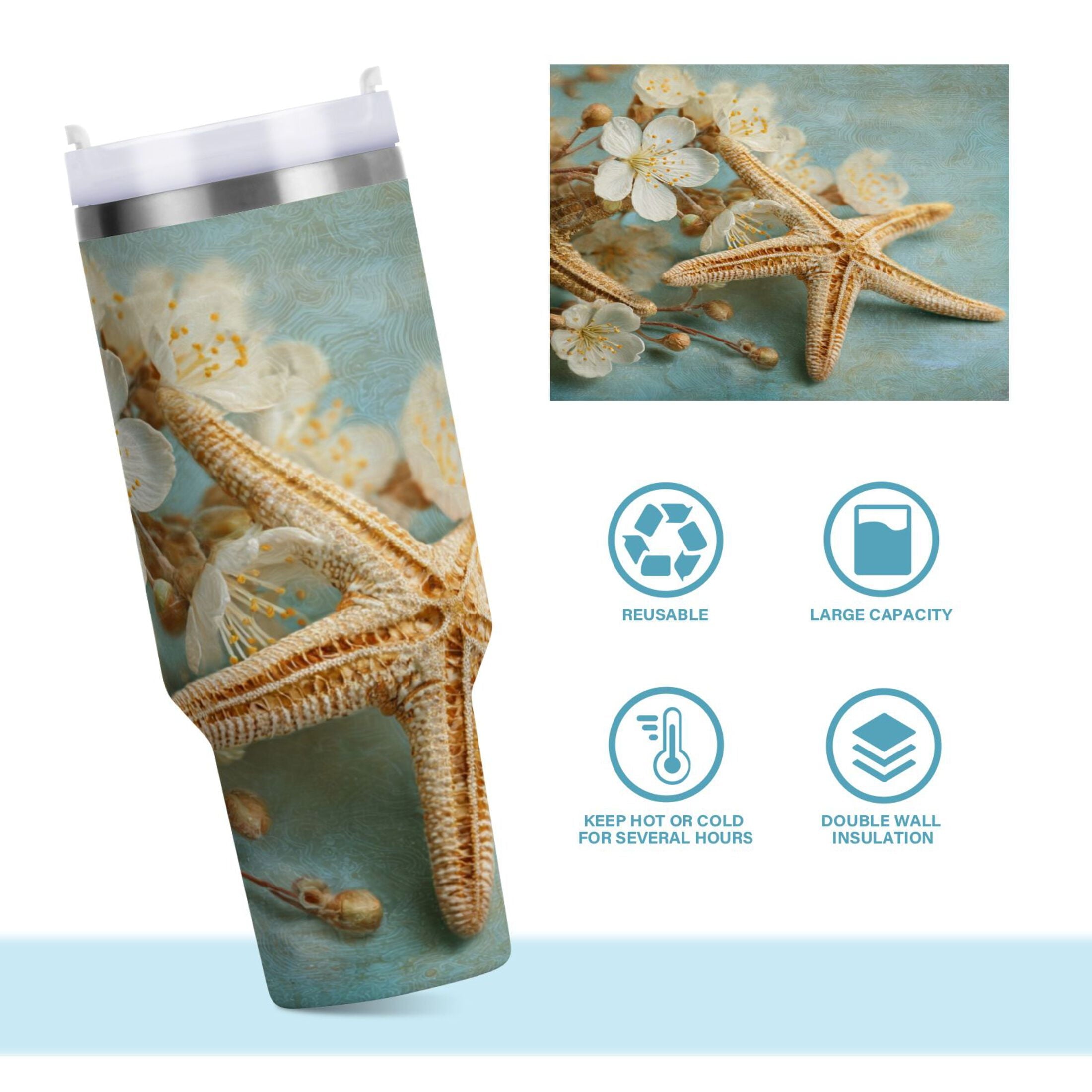 30 oz Insulated Stainless Steel Tumbler Double Wall Stainless Steel Tumbler with 2-Way Drinking Starfish with Flowers - N2AG
