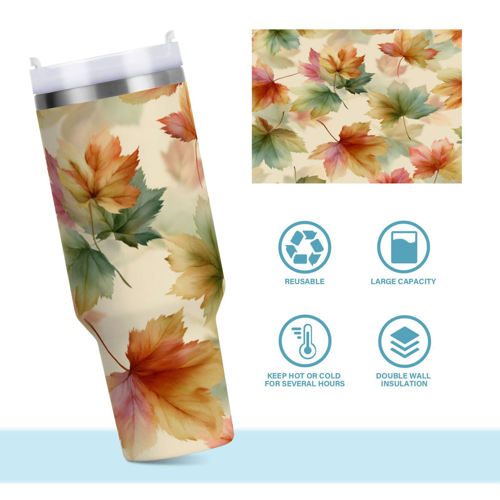 40 oz Insulated Stainless Steel Tumbler Double Wall Stainless Steel Tumbler with 2-Way Drinking Watercolor Maple Leaves Pattern - 5YJP