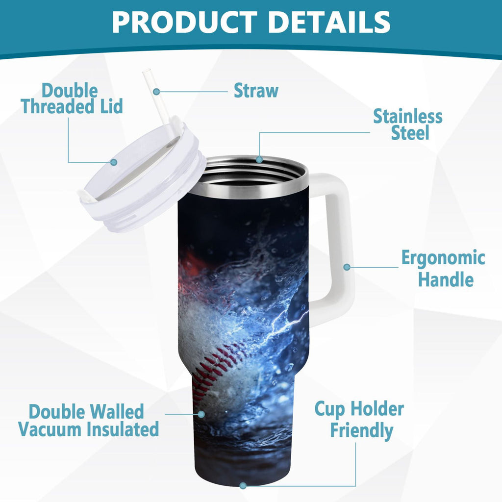 40 oz Insulated Stainless Steel Tumbler Double Wall Stainless Steel Tumbler with 2-Way Drinking Baseball with Water and Fire - SRGT