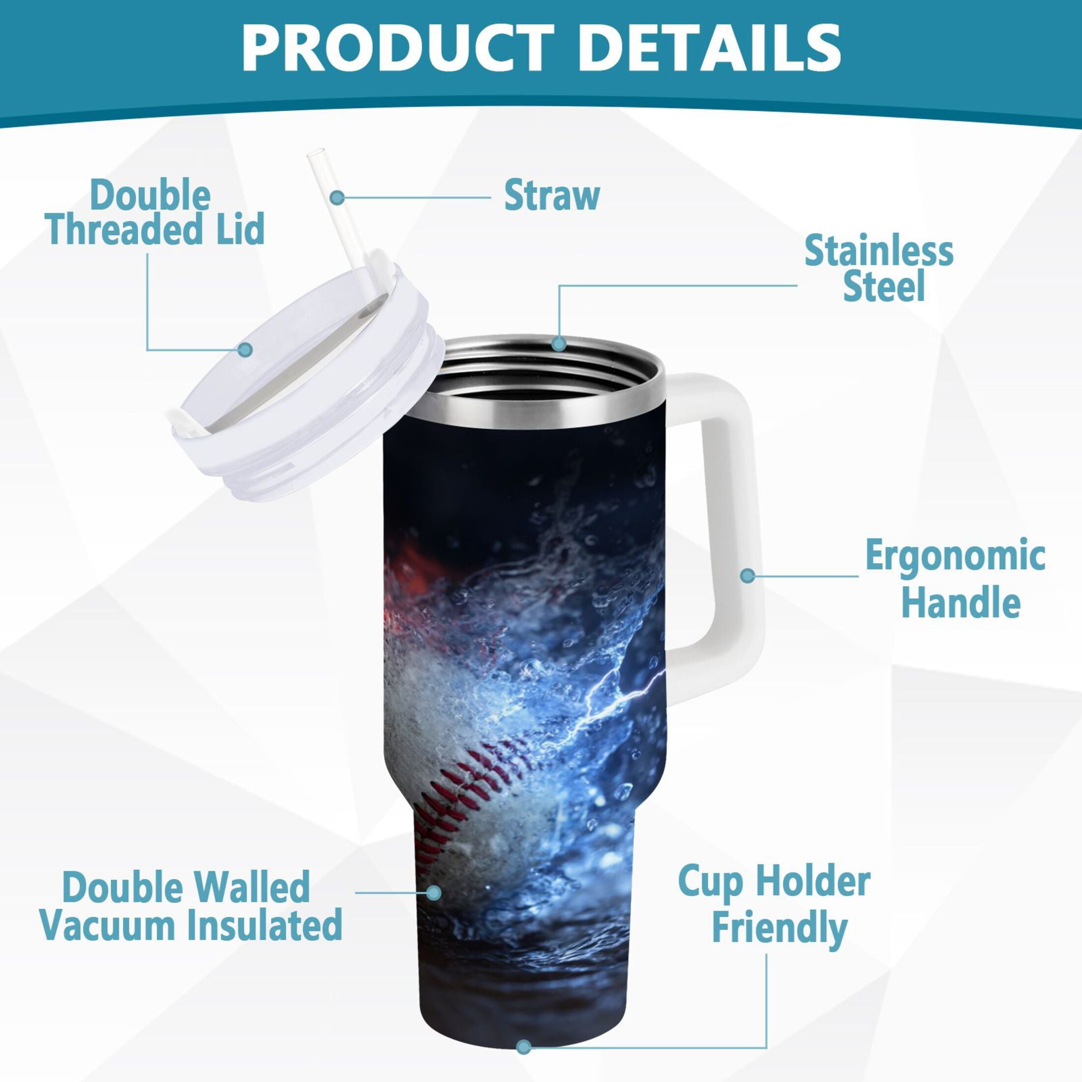 40 oz Insulated Stainless Steel Tumbler Double Wall Stainless Steel Tumbler with 2-Way Drinking Baseball with Water and Fire - SRGT