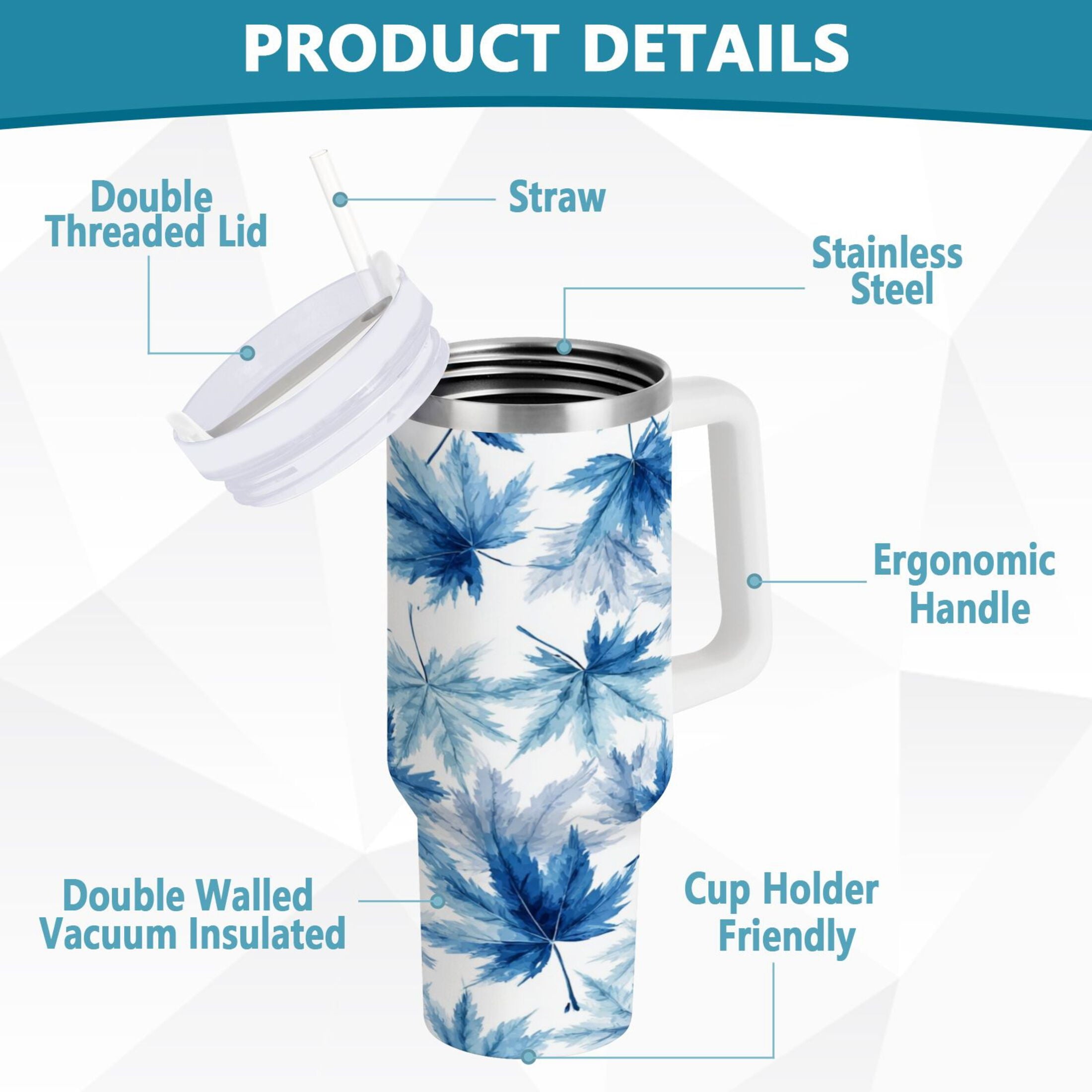 30 oz Insulated Stainless Steel Tumbler Double Wall Stainless Steel Tumbler with 2-Way Drinking Abstract Blue Maple Leaves - FTCE