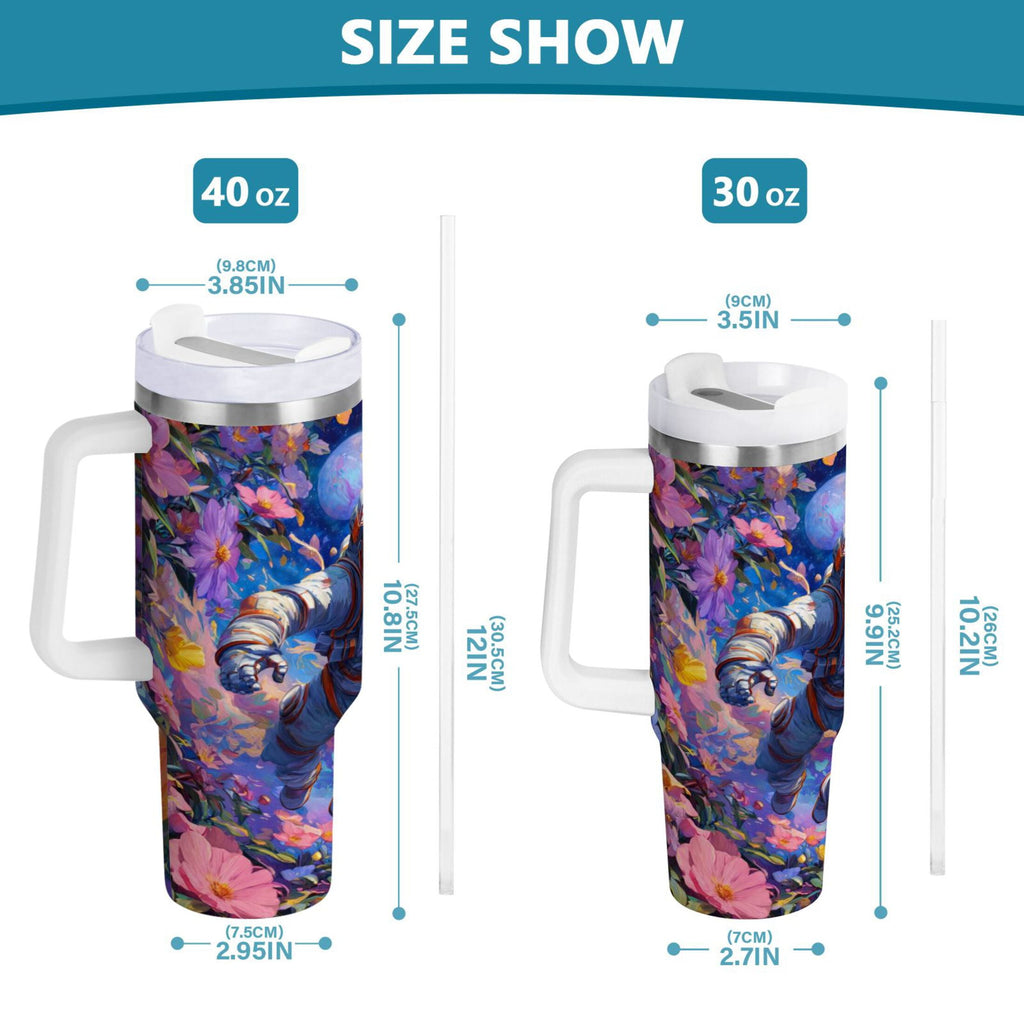 40 oz Insulated Stainless Steel Tumbler Double Wall Stainless Steel Tumbler with 2-Way Drinking Astronaut and Colorful Flowers - YVWD