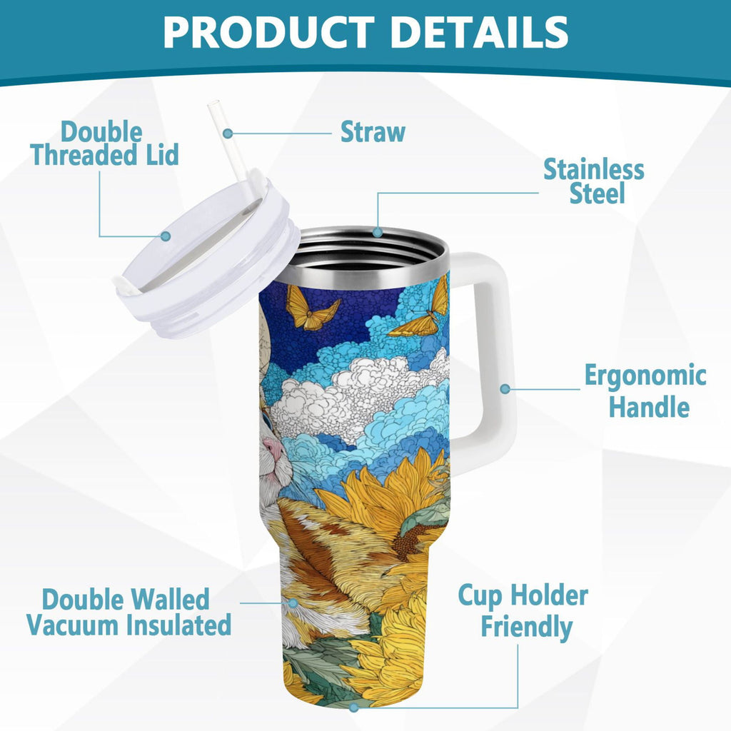 40 oz Insulated Stainless Steel Tumbler Double Wall Stainless Steel Tumbler with 2-Way Drinking Cat Lies in The Sunflowers - NLZK