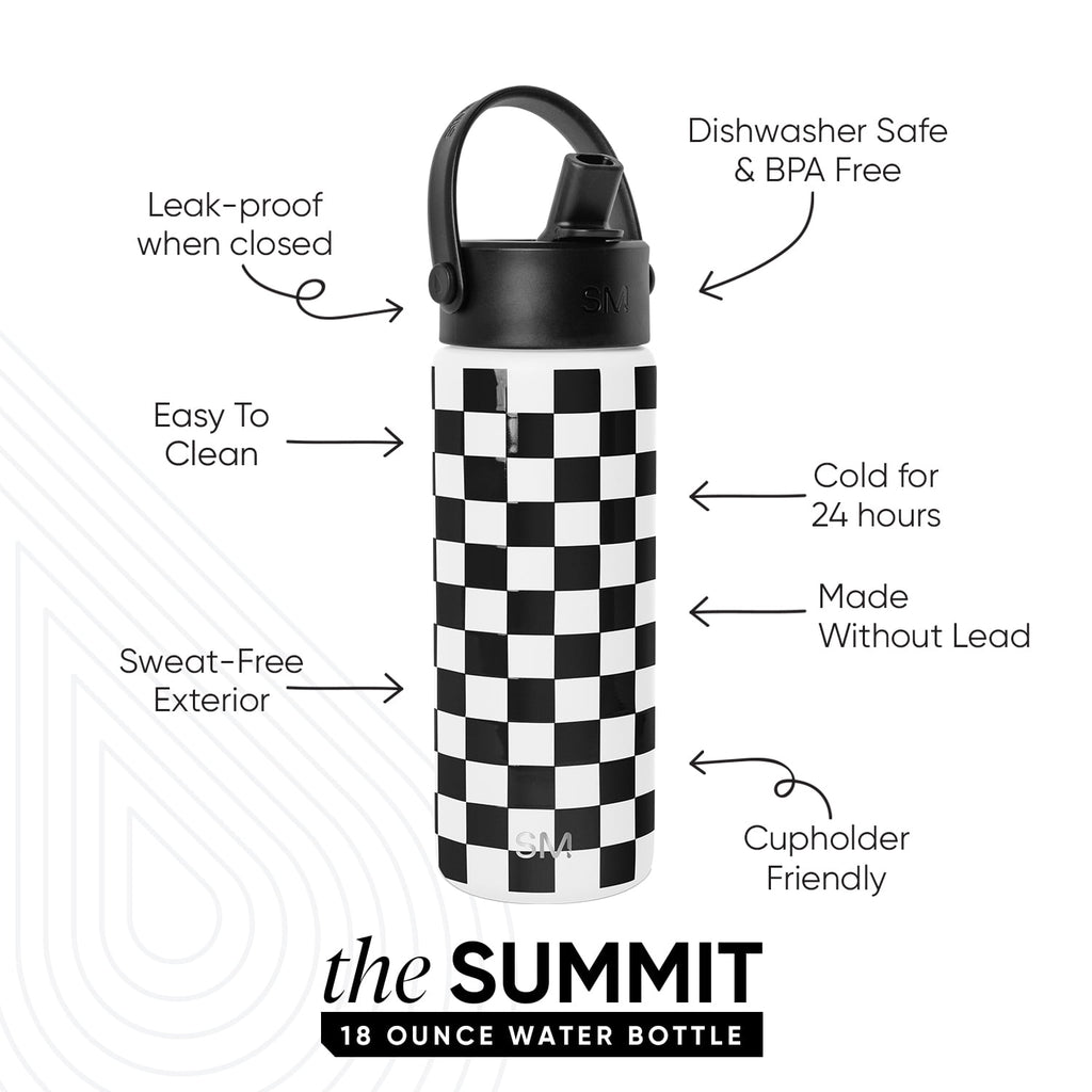 Simple Modern 18 fl oz Insulated Stainless Steel Summit Wide Mouth Water Bottle with Handle and Straw Lid|Black and White Checkmate - FHQ4