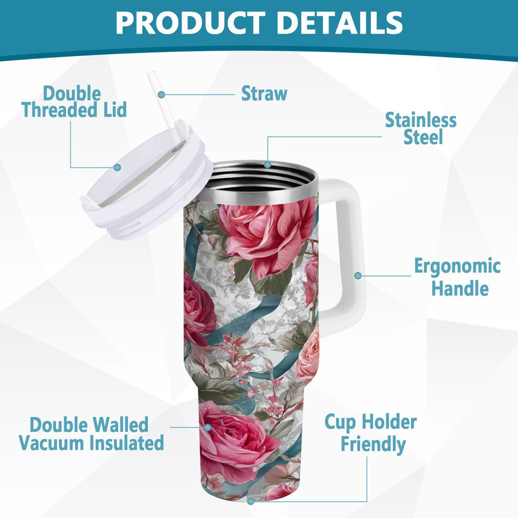 30 oz Insulated Stainless Steel Tumbler Double Wall Stainless Steel Tumbler with 2-Way Drinking Roses and Ribbons - R476