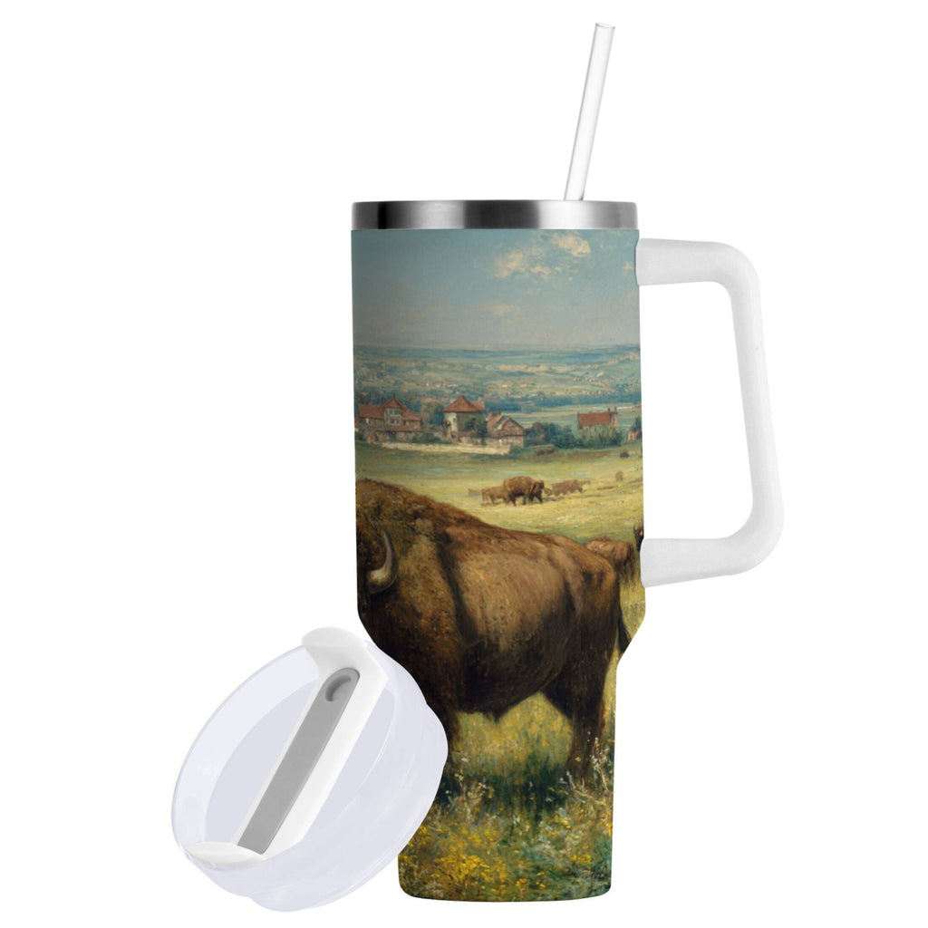 30 oz Insulated Stainless Steel Tumbler Double Wall Stainless Steel Tumbler with 2-Way Drinking Buffalo Herd Oil Painting - 6HHS