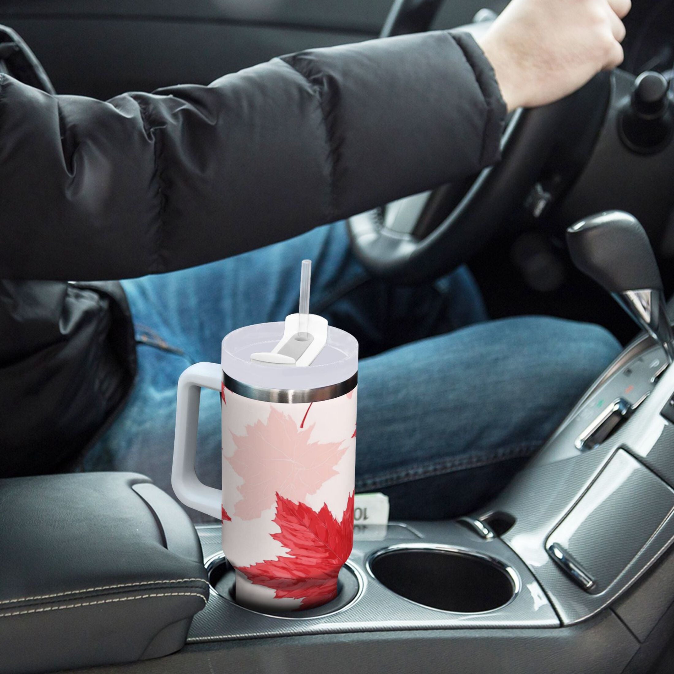 40 oz Insulated Stainless Steel Tumbler Double Wall Stainless Steel Tumbler with 2-Way Drinking Red Maple Leaves Pattern - MP6H