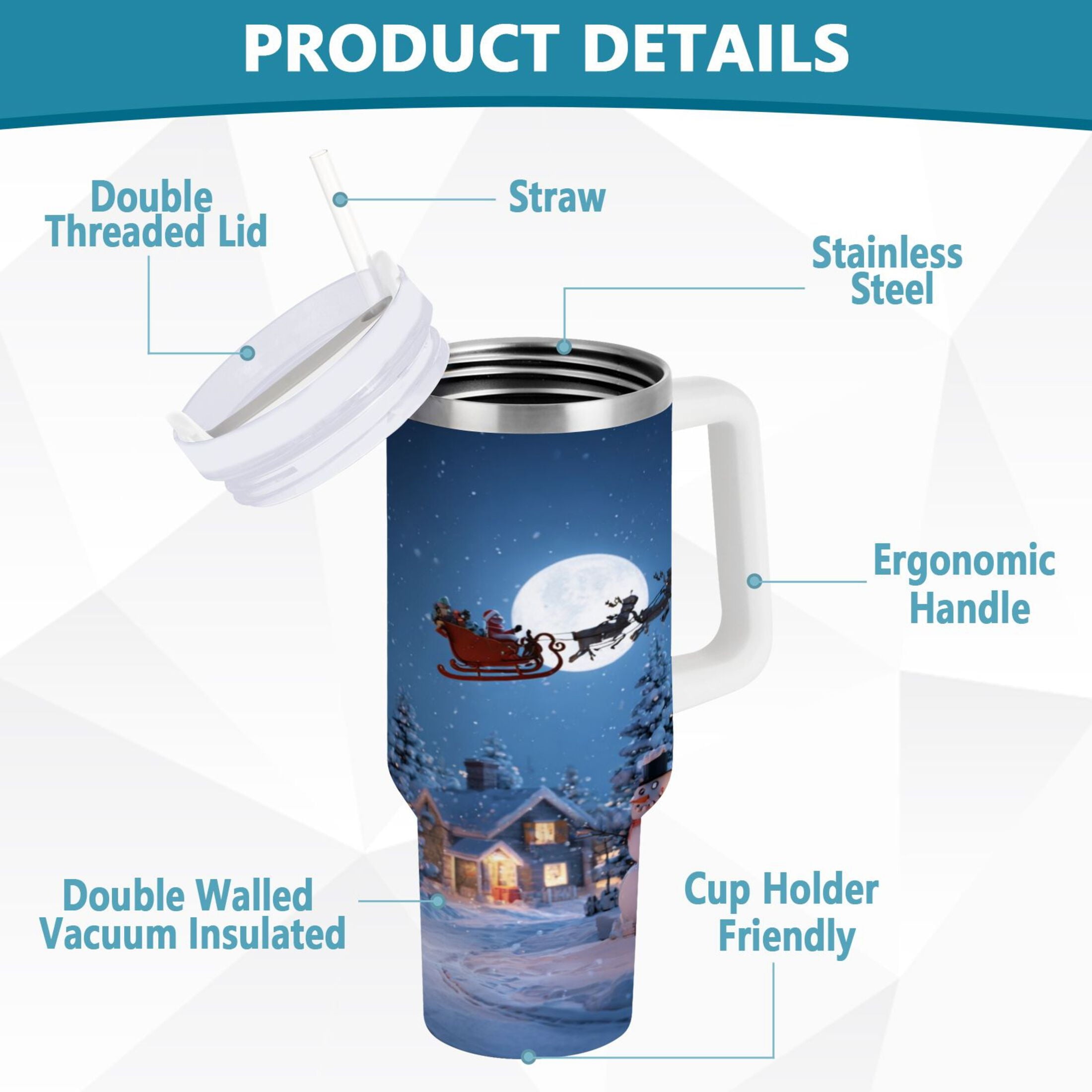 30 oz Insulated Stainless Steel Tumbler Double Wall Stainless Steel Tumbler with 2-Way Drinking Christmas Night Scene - HS7Q