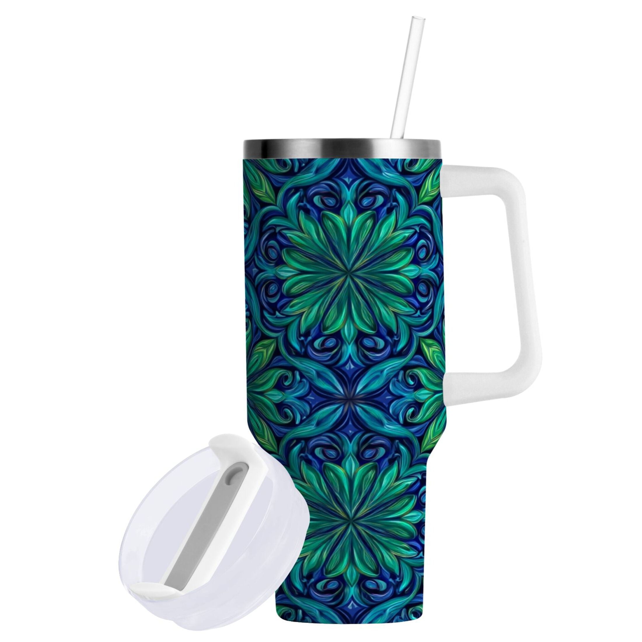 40 oz Insulated Stainless Steel Tumbler Double Wall Stainless Steel Tumbler with 2-Way Drinking Elegant Blue Traditional Patterns - KMPM