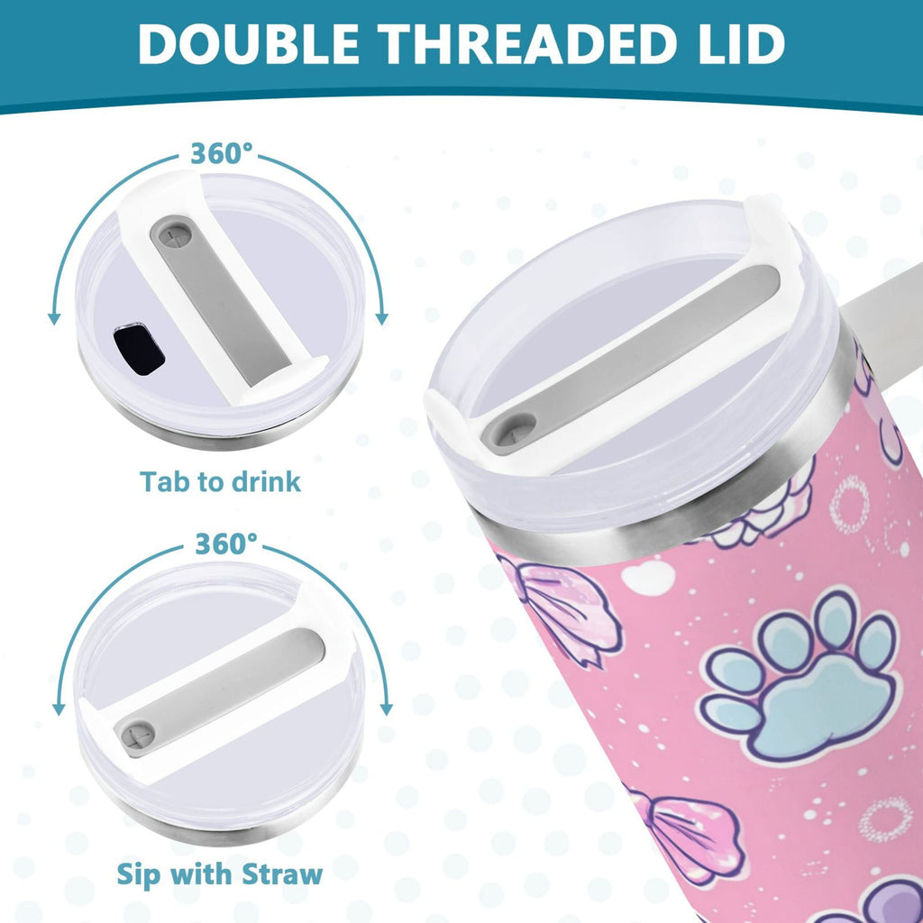 30 oz Insulated Stainless Steel Tumbler Double Wall Stainless Steel Tumbler with 2-Way Drinking Dog Paw Prints and Bows - HATL