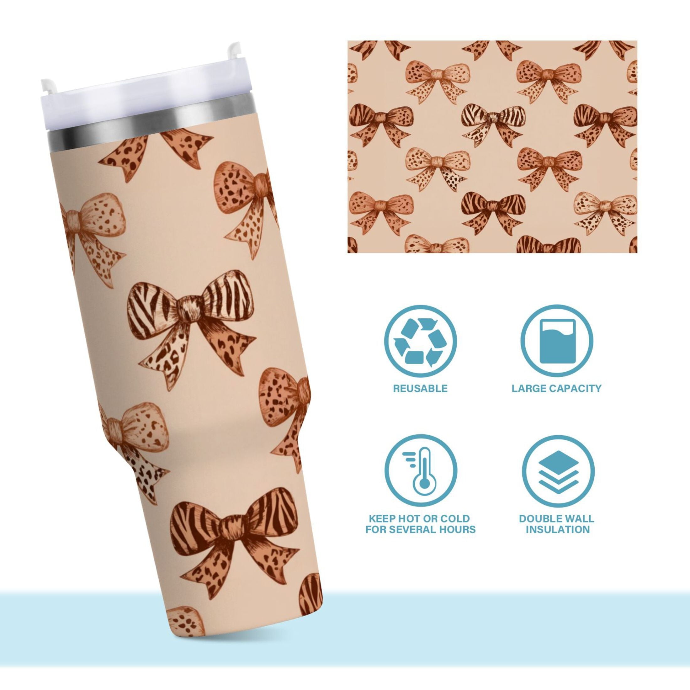 40 oz Insulated Stainless Steel Tumbler Double Wall Stainless Steel Tumbler with 2-Way Drinking Leopard Print Bow - D59H