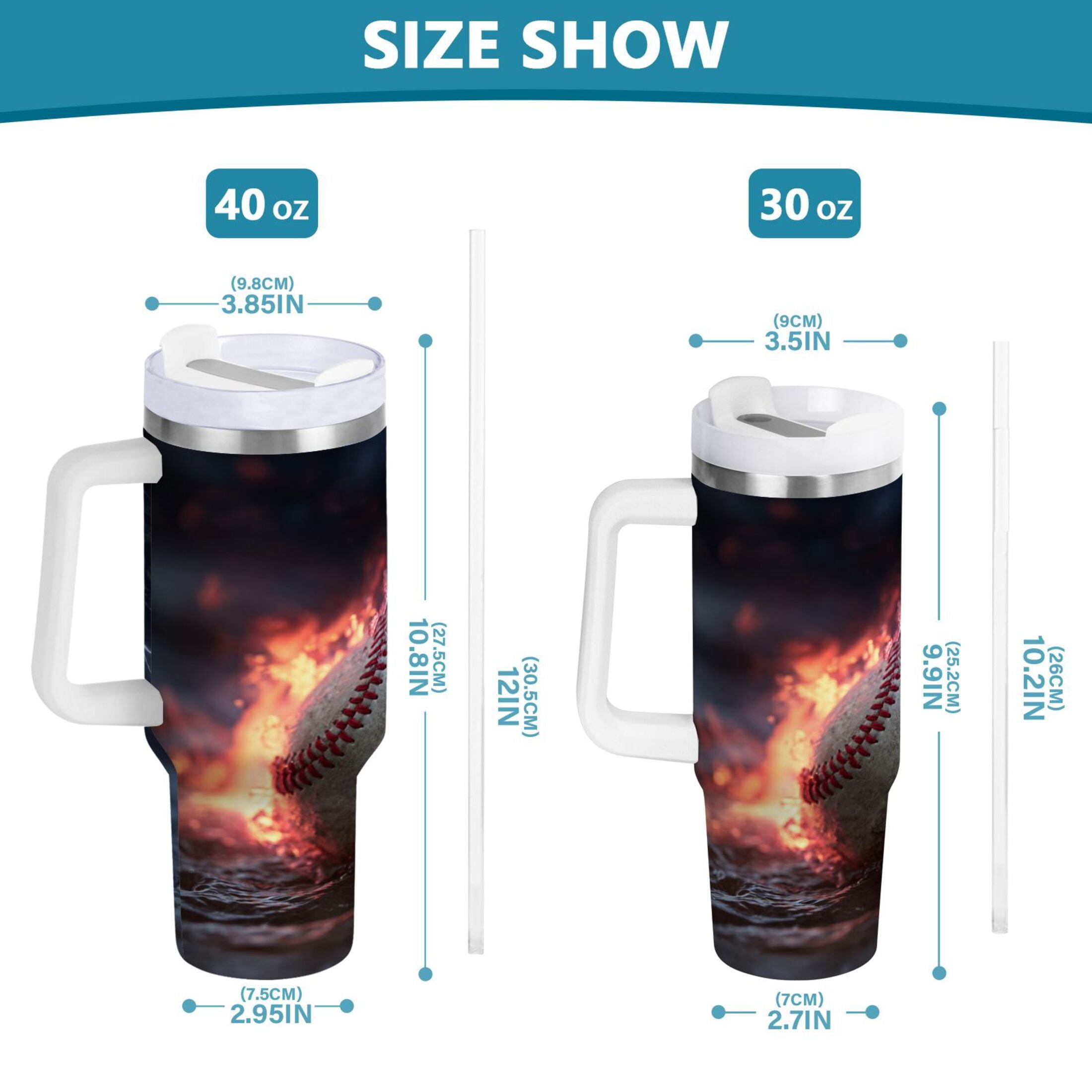 40 oz Insulated Stainless Steel Tumbler Double Wall Stainless Steel Tumbler with 2-Way Drinking Baseball with Water and Fire - SRGT