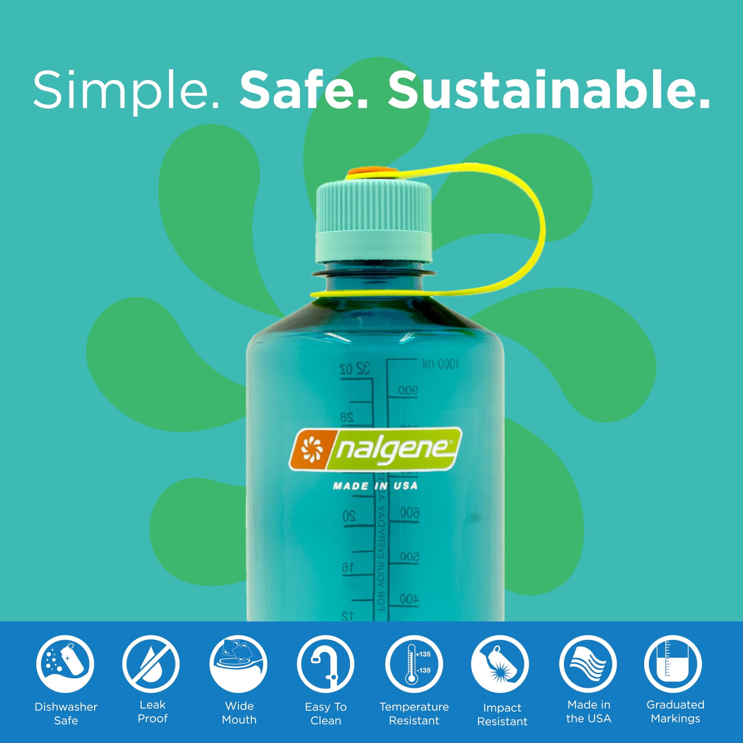Nalgene Sustain Tritan BPA-Free Water Bottle Made with Material Derived from 50% Plastic Waste (using ISCC certified mass balance), 32 OZ, Narrow Mouth, Cerulean - 4WGJ