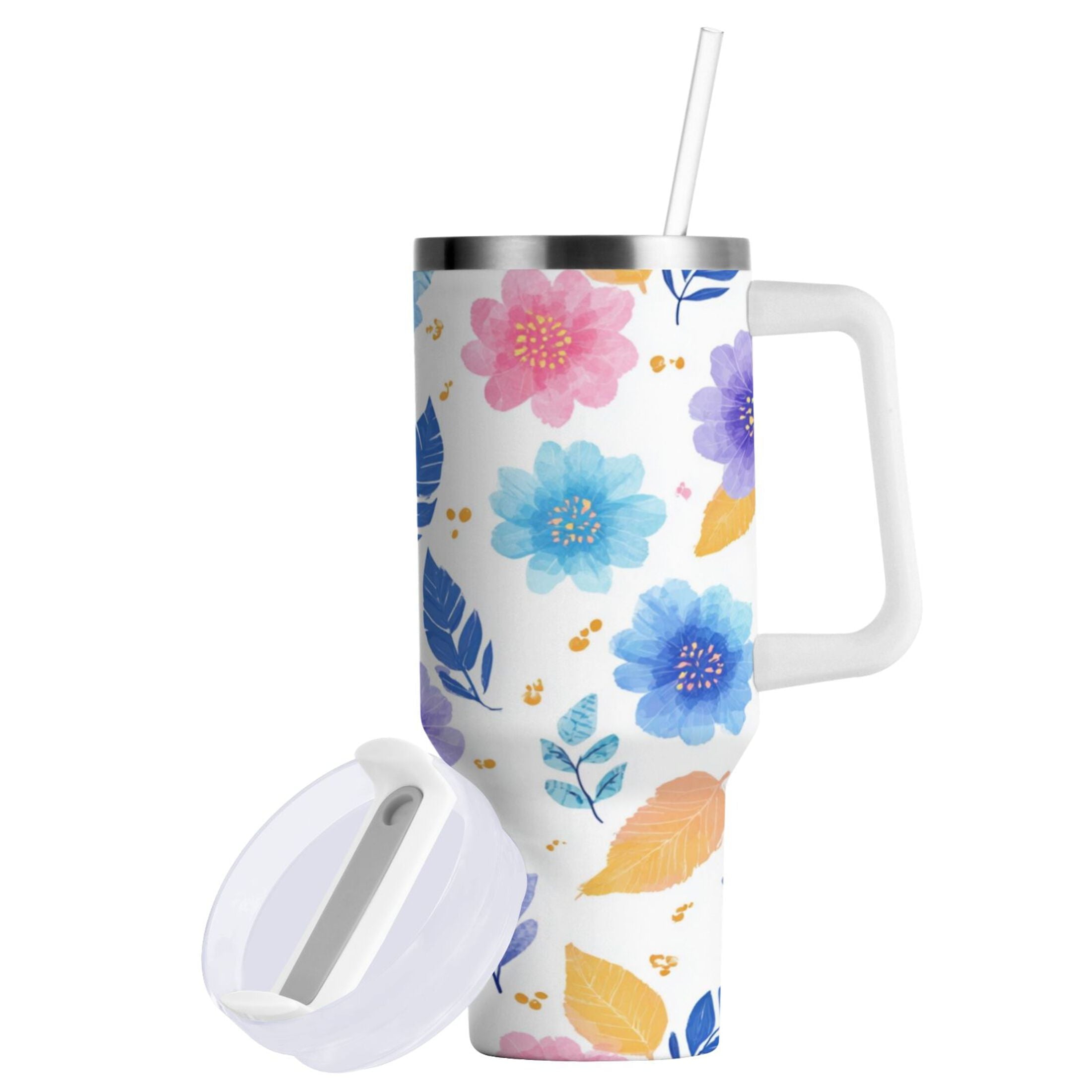 30 oz Insulated Stainless Steel Tumbler Double Wall Stainless Steel Tumbler with 2-Way Drinking Blue and Purple Flowers - 88C4