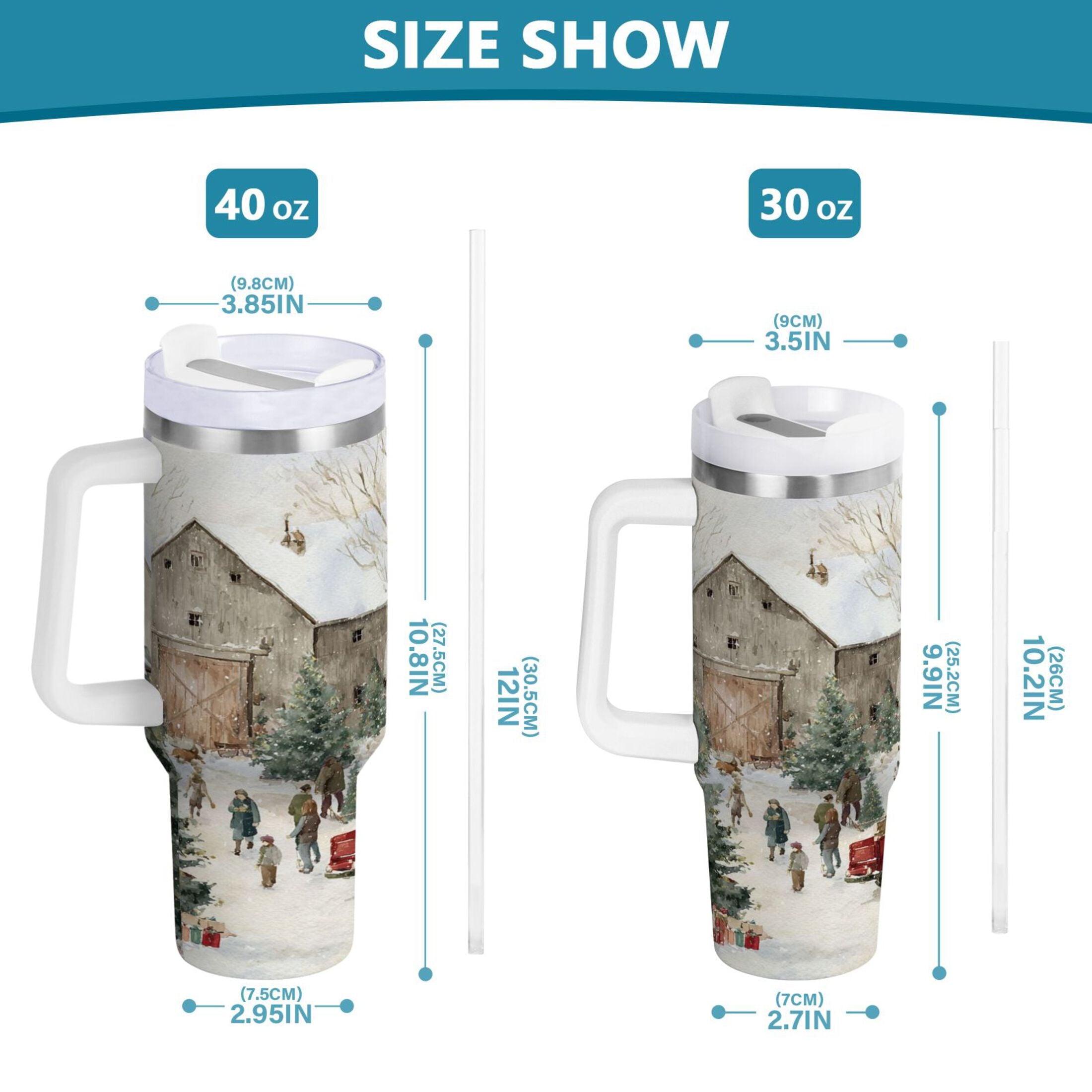 40 oz Insulated Stainless Steel Tumbler Double Wall Stainless Steel Tumbler with 2-Way Drinking Farm Snow Scene - 7ZPX