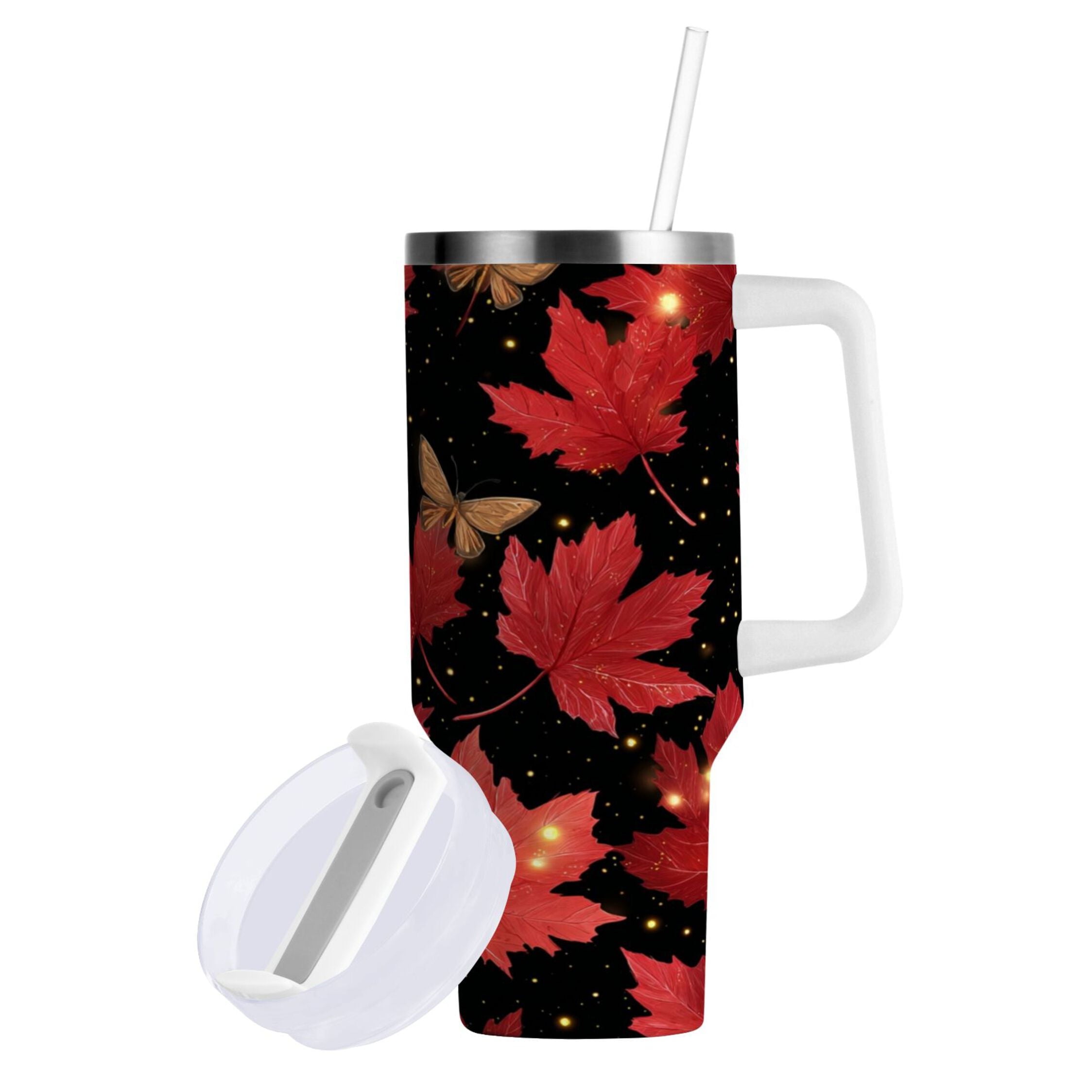 40 oz Insulated Stainless Steel Tumbler Double Wall Stainless Steel Tumbler with 2-Way Drinking Maple Leaves and Fireflies - 36E9