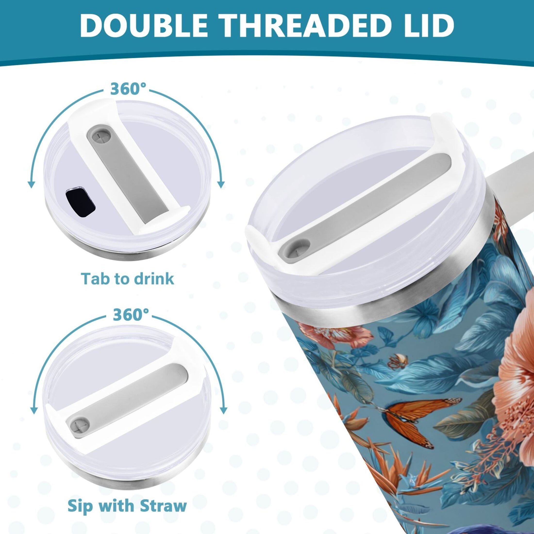 30 oz Insulated Stainless Steel Tumbler Double Wall Stainless Steel Tumbler with 2-Way Drinking Birds and Flowers - PWSL