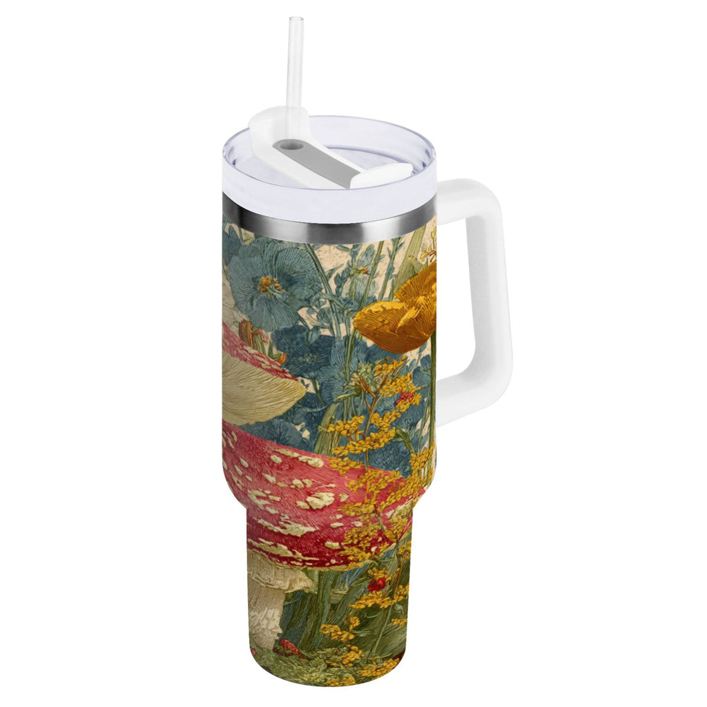 30 oz Insulated Stainless Steel Tumbler Double Wall Stainless Steel Tumbler with 2-Way Drinking Red Mushrooms with Flowers - H5HP