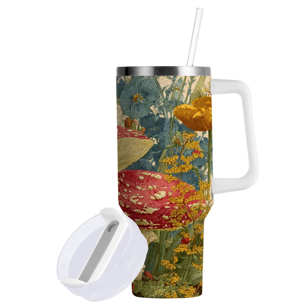 30 oz Insulated Stainless Steel Tumbler Double Wall Stainless Steel Tumbler with 2-Way Drinking Red Mushrooms with Flowers - H5HP