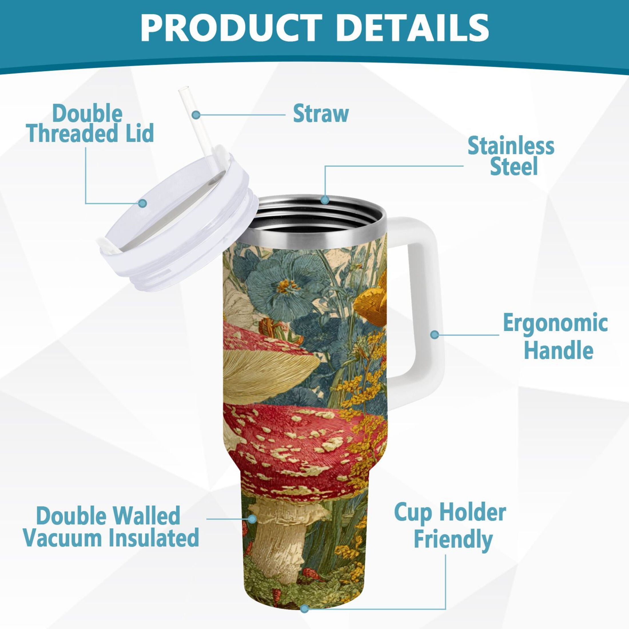 30 oz Insulated Stainless Steel Tumbler Double Wall Stainless Steel Tumbler with 2-Way Drinking Red Mushrooms with Flowers - H5HP