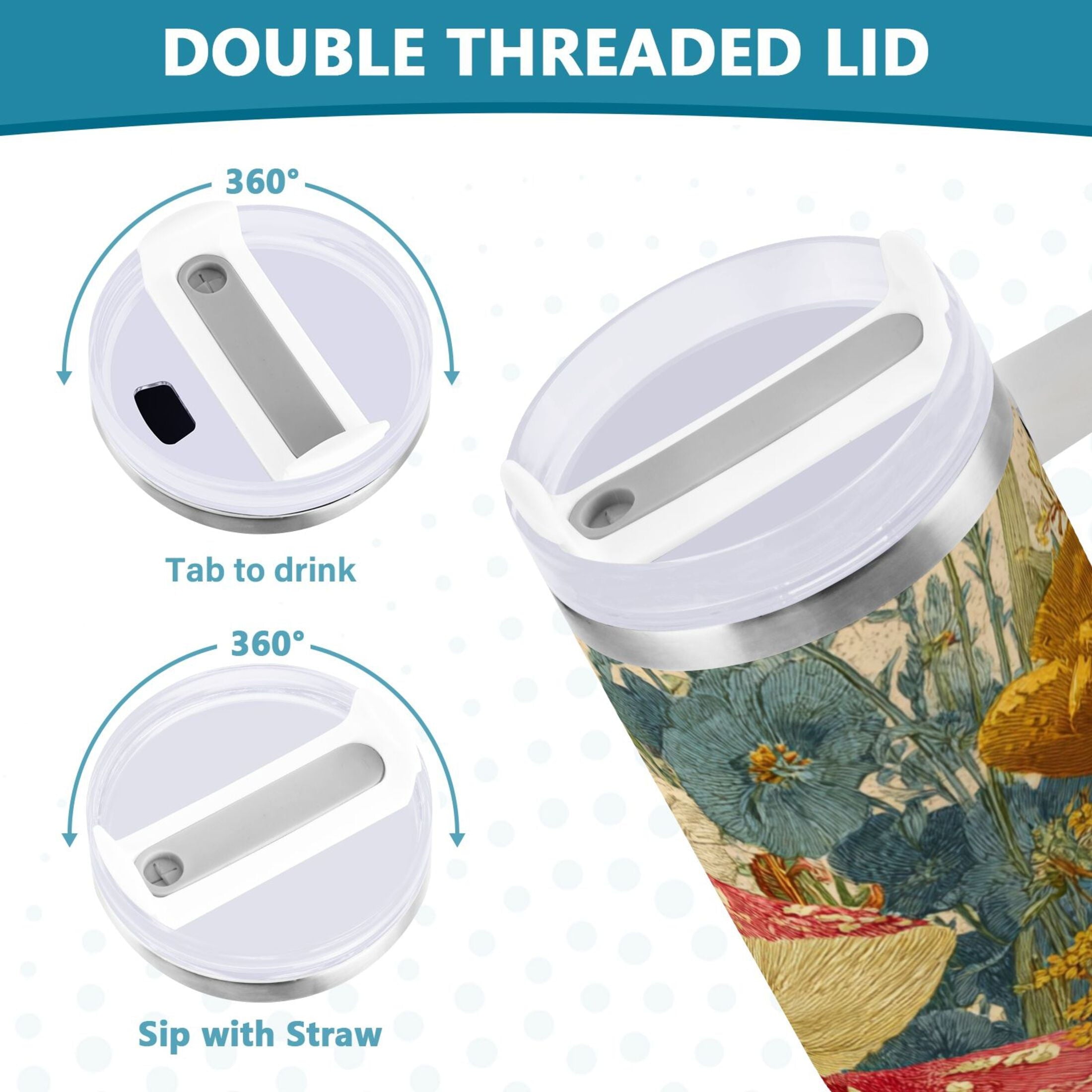 30 oz Insulated Stainless Steel Tumbler Double Wall Stainless Steel Tumbler with 2-Way Drinking Red Mushrooms with Flowers - H5HP