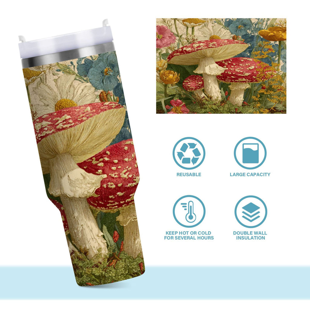 30 oz Insulated Stainless Steel Tumbler Double Wall Stainless Steel Tumbler with 2-Way Drinking Red Mushrooms with Flowers - H5HP